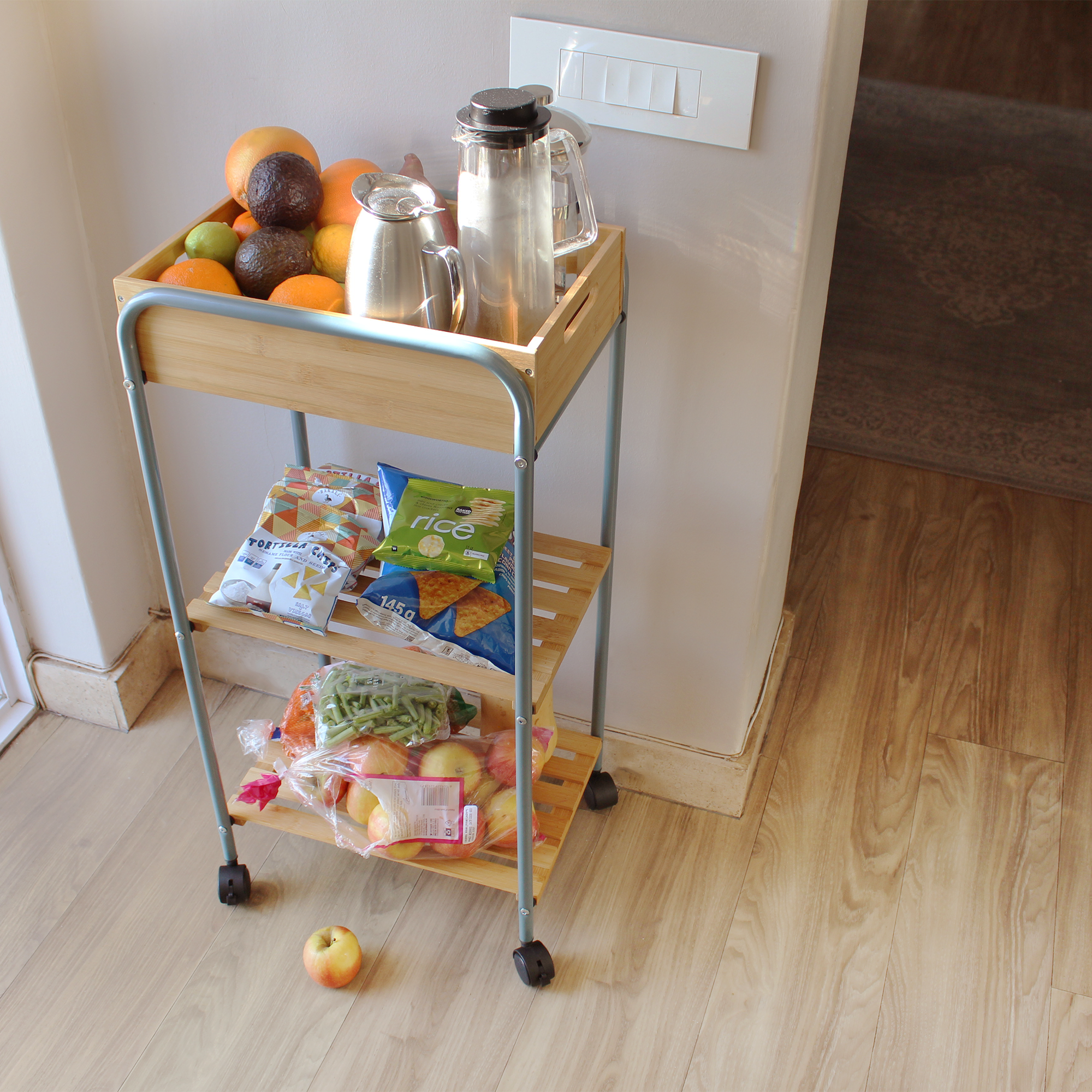 Bamboo Trolley on 4 Wheels with 2 Shelves and Removable Tray