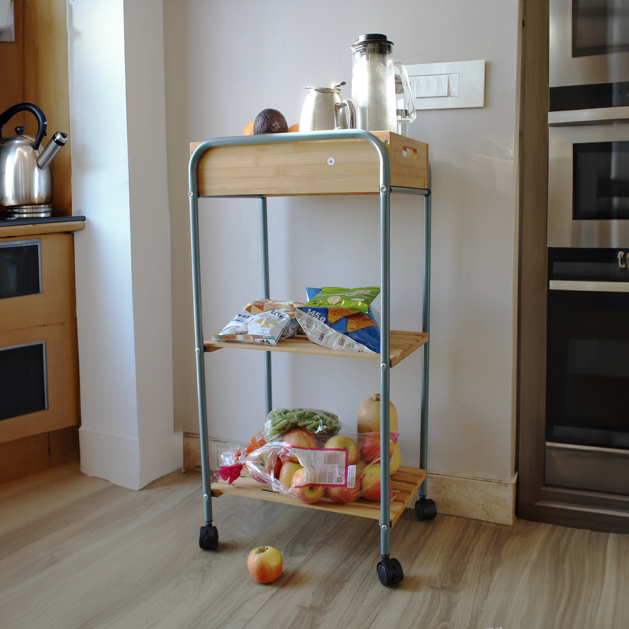 Bamboo Trolley on 4 Wheels with 2 Shelves and Removable Tray