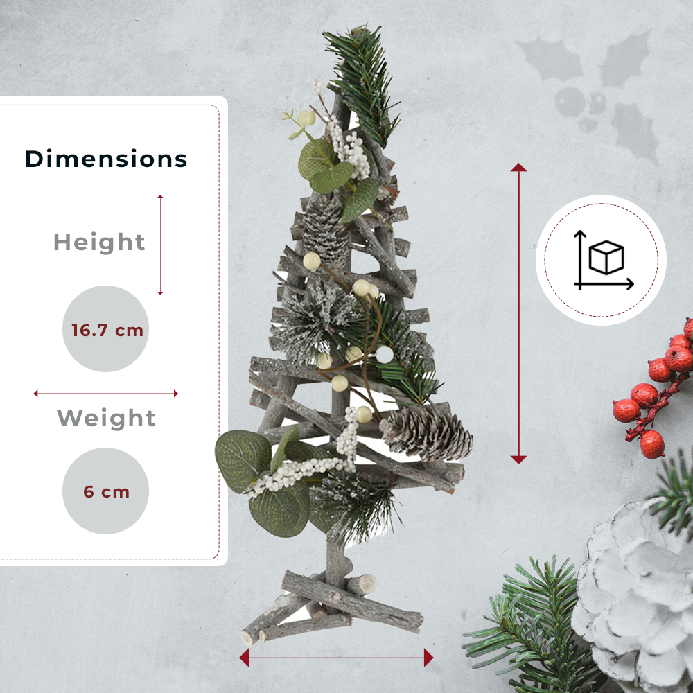 Xmas Tree with White Colour Berries, Wood, and Pine Cones