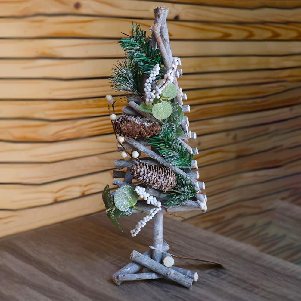 Xmas Tree with White Colour Berries, Wood, and Pine Cones