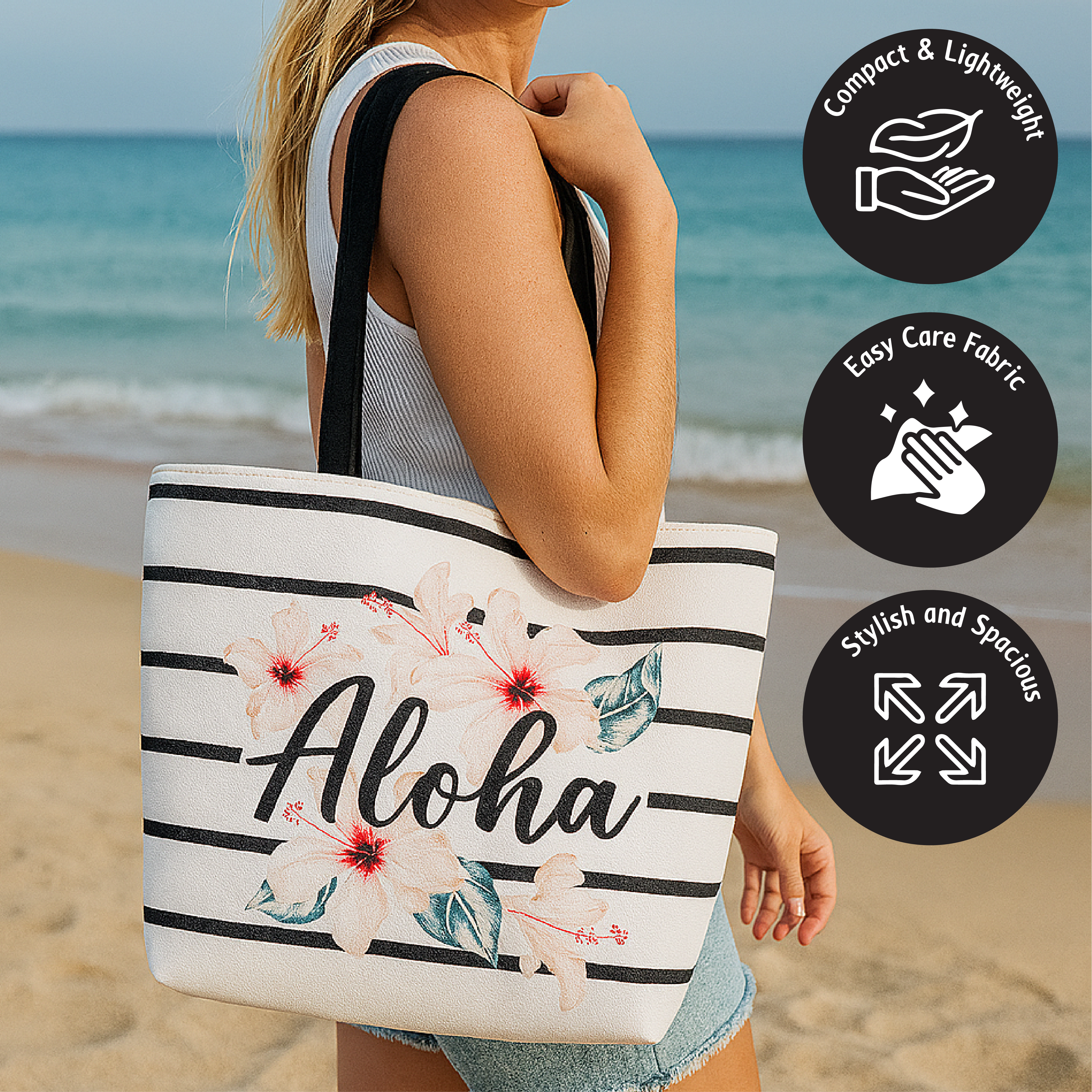 Beach Bag with Aloha Print and Floral Design