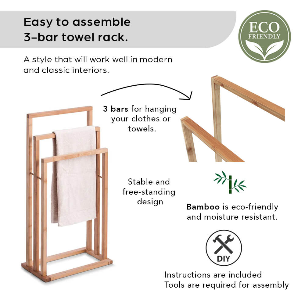 Bamboo Towel Rack with 3 Hangers - Eco-Friendly