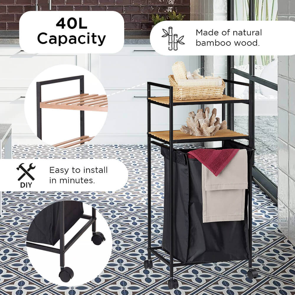 Bathroom Rack with 2 Bamboo Shelves and 40L Laundry Bag