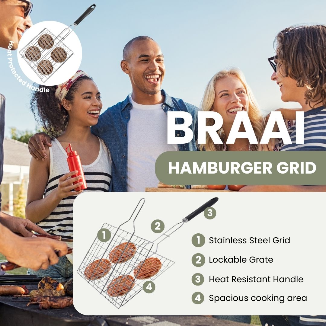 Hamburger-Gitter mit Griff für Braai – Edelstahl