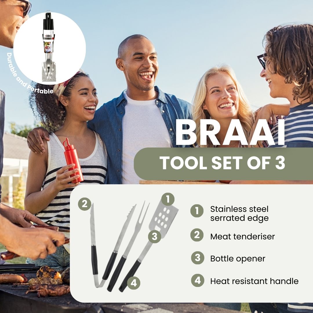 Braai Tool Set of 3 - Stainless Steel Fork, Tong & Spatula