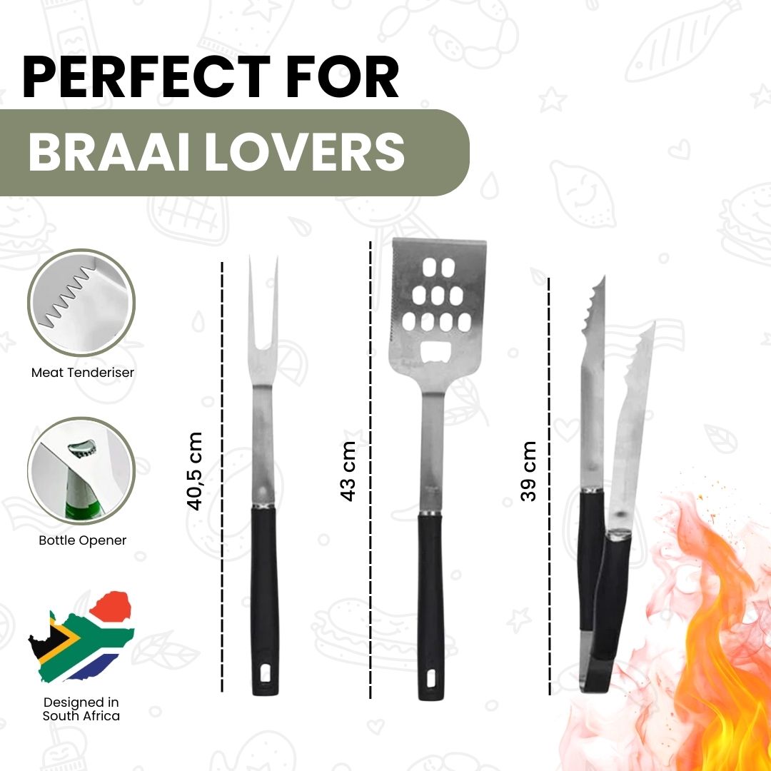 Braai Tool Set of 3 - Stainless Steel Fork, Tong & Spatula