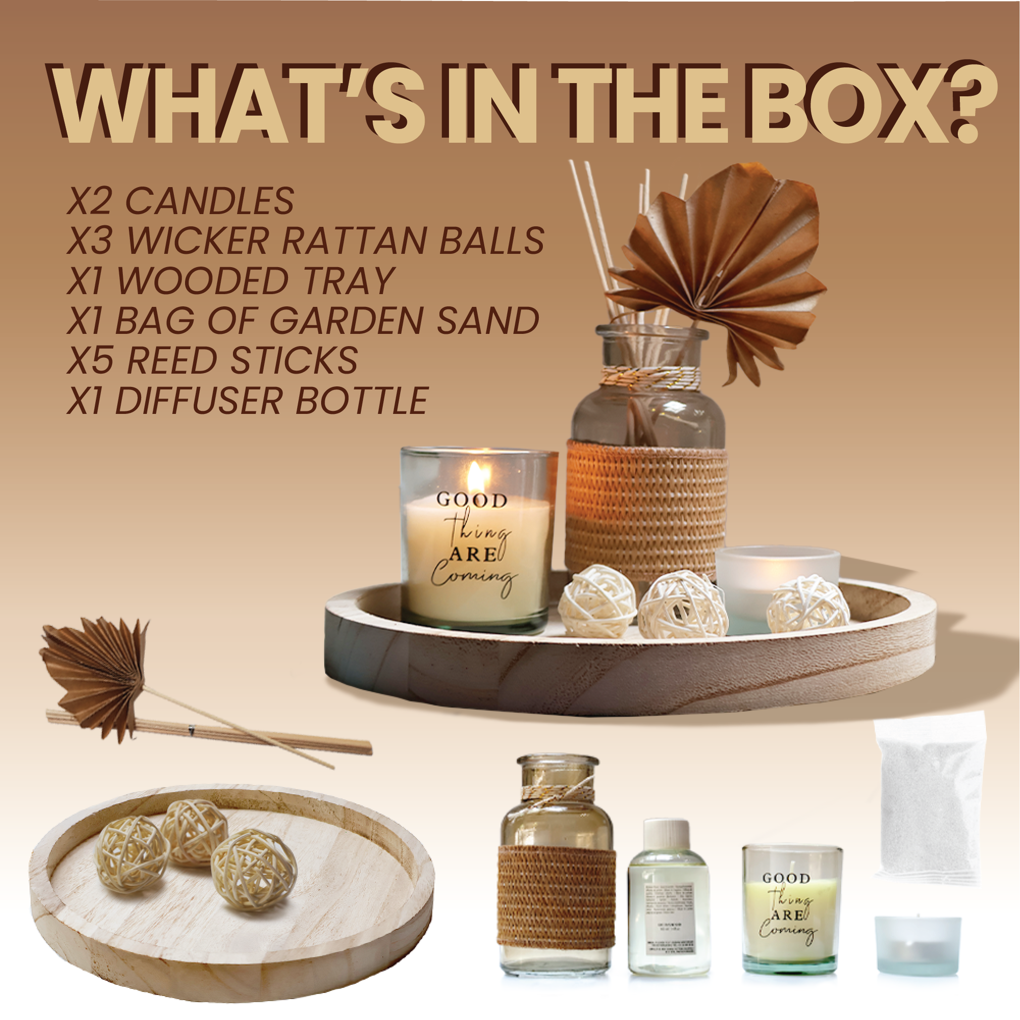 Aroma Gift Set with Glass Diffuser, Rattan Balls & Sticks, Scented Candles and Wooden Tray