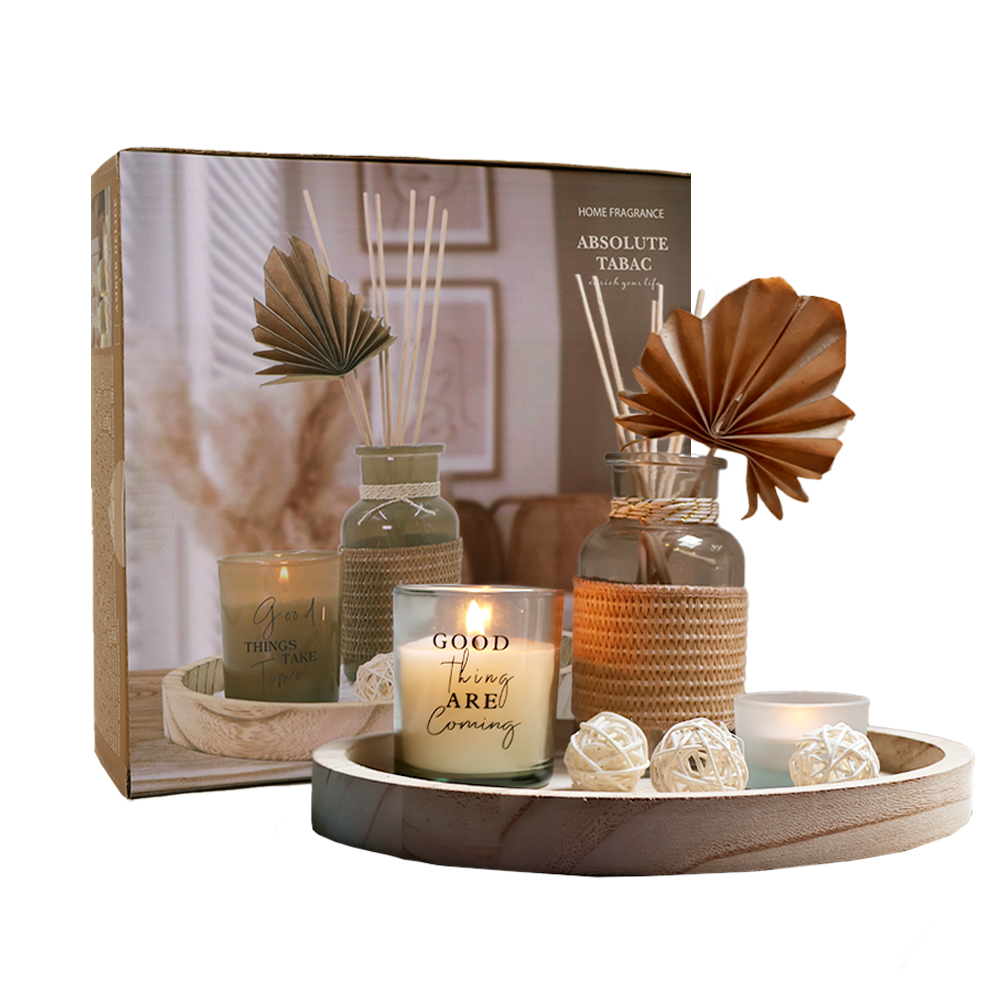 Set de regalo aromático con difusor de cristal, bolas y varillas de ratán, velas aromáticas y bandeja de madera