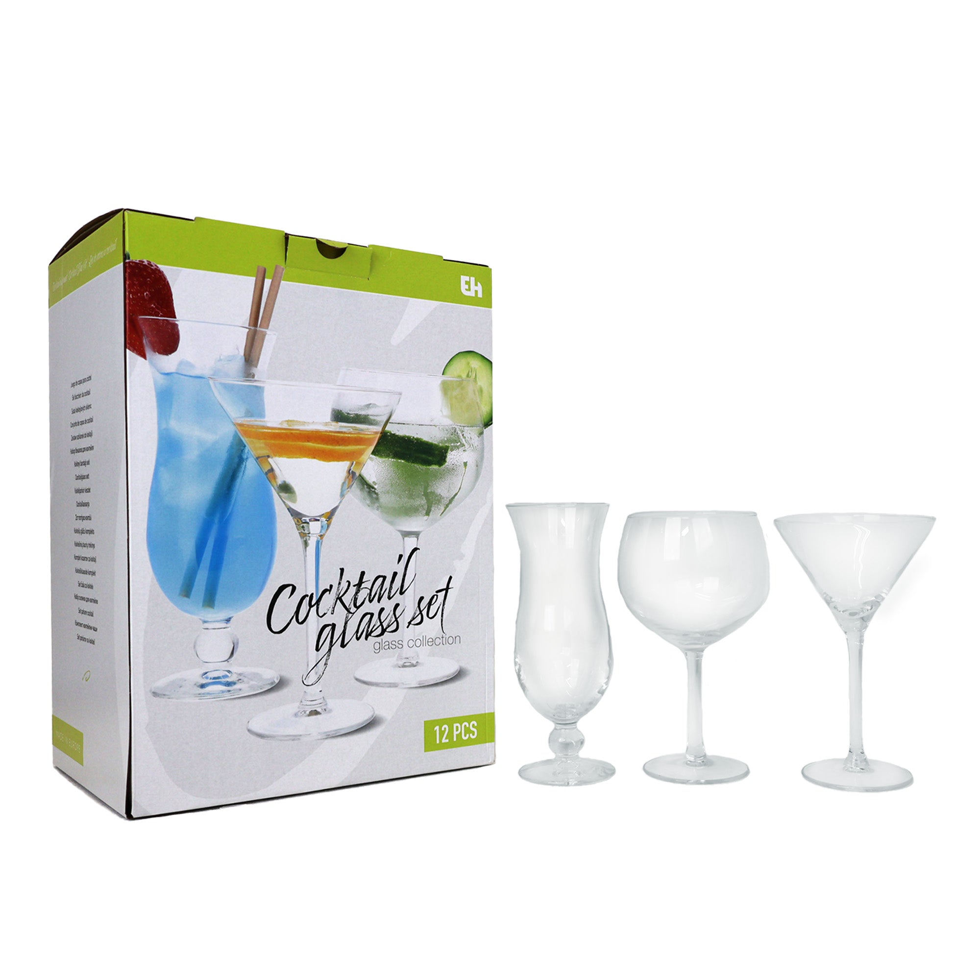 Cocktail Glasses Set of 12 Pieces - Martini, Gin & Tonic, Hurricane