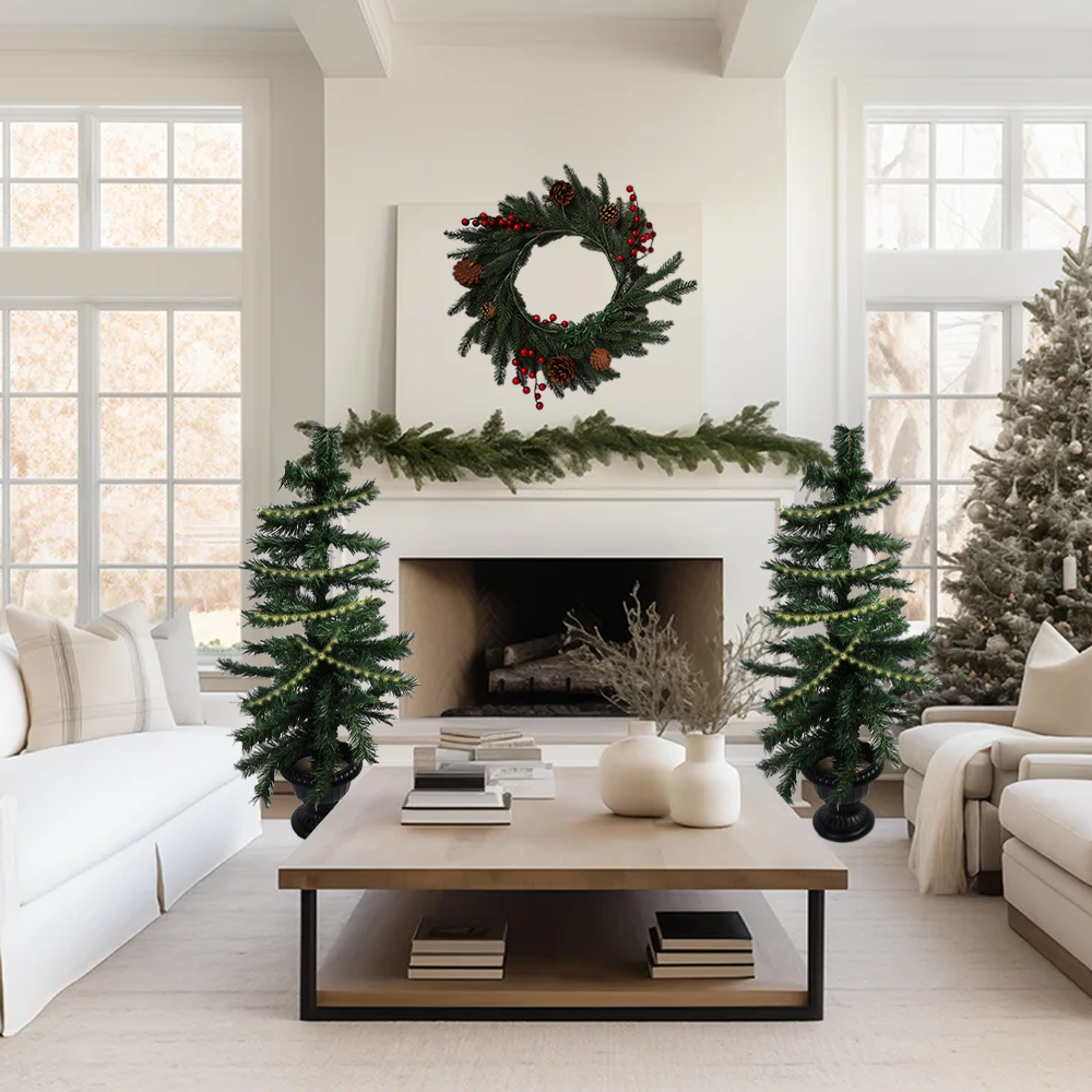 Árbol de Navidad de 2 Piezas con Función LED y Corona Navideña