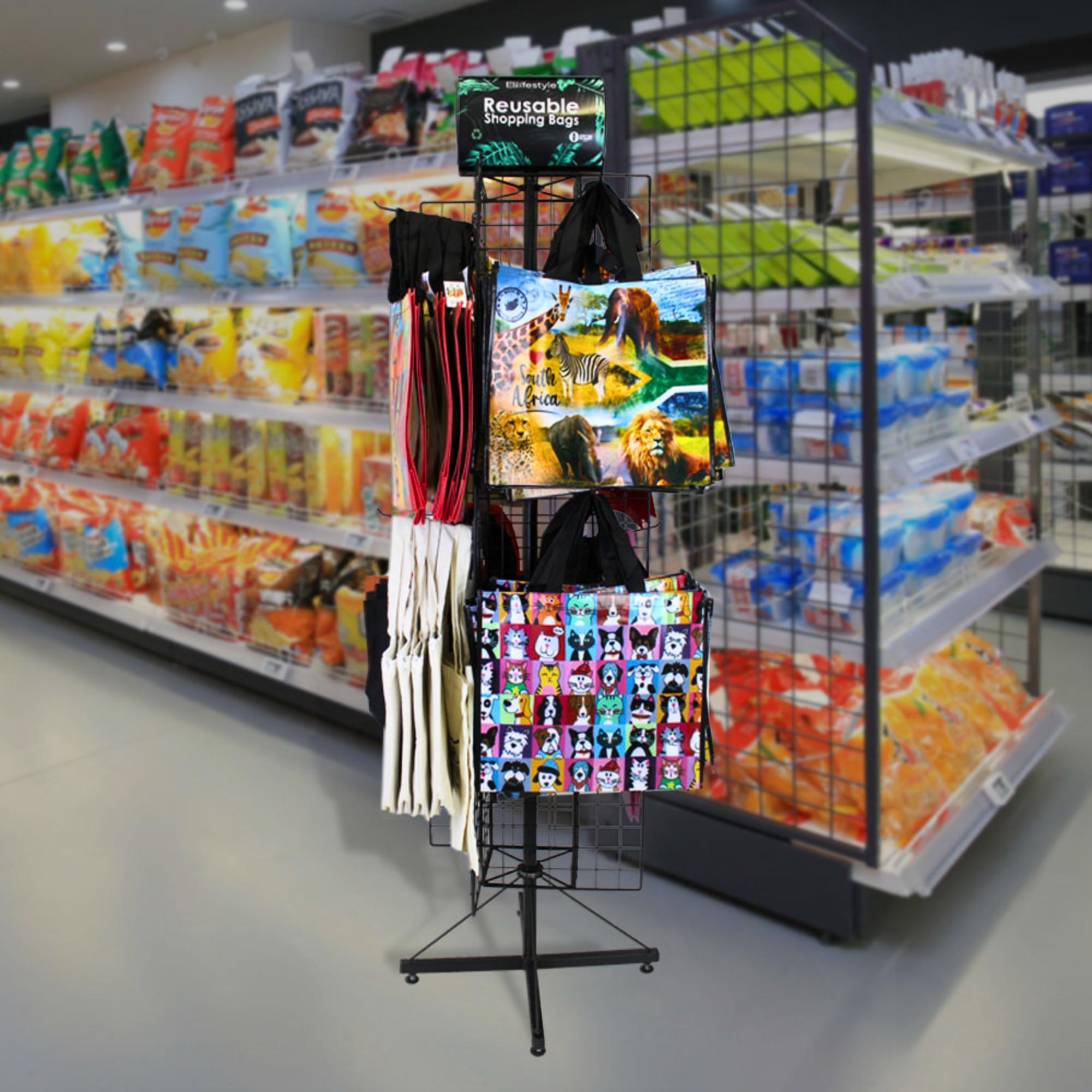 Custom-Metal-Display-Stand-for-250-Reusable-Bags-1.8M-Lifestyle