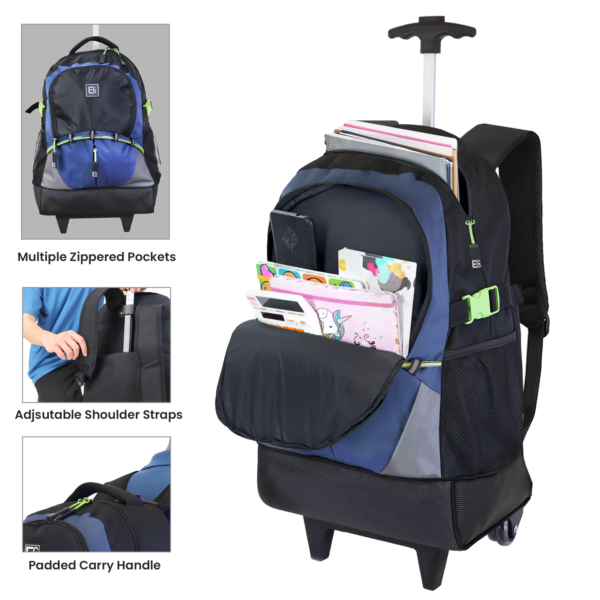 Mochila Trolley Telescópica con Ruedas Roller - Azul Marino