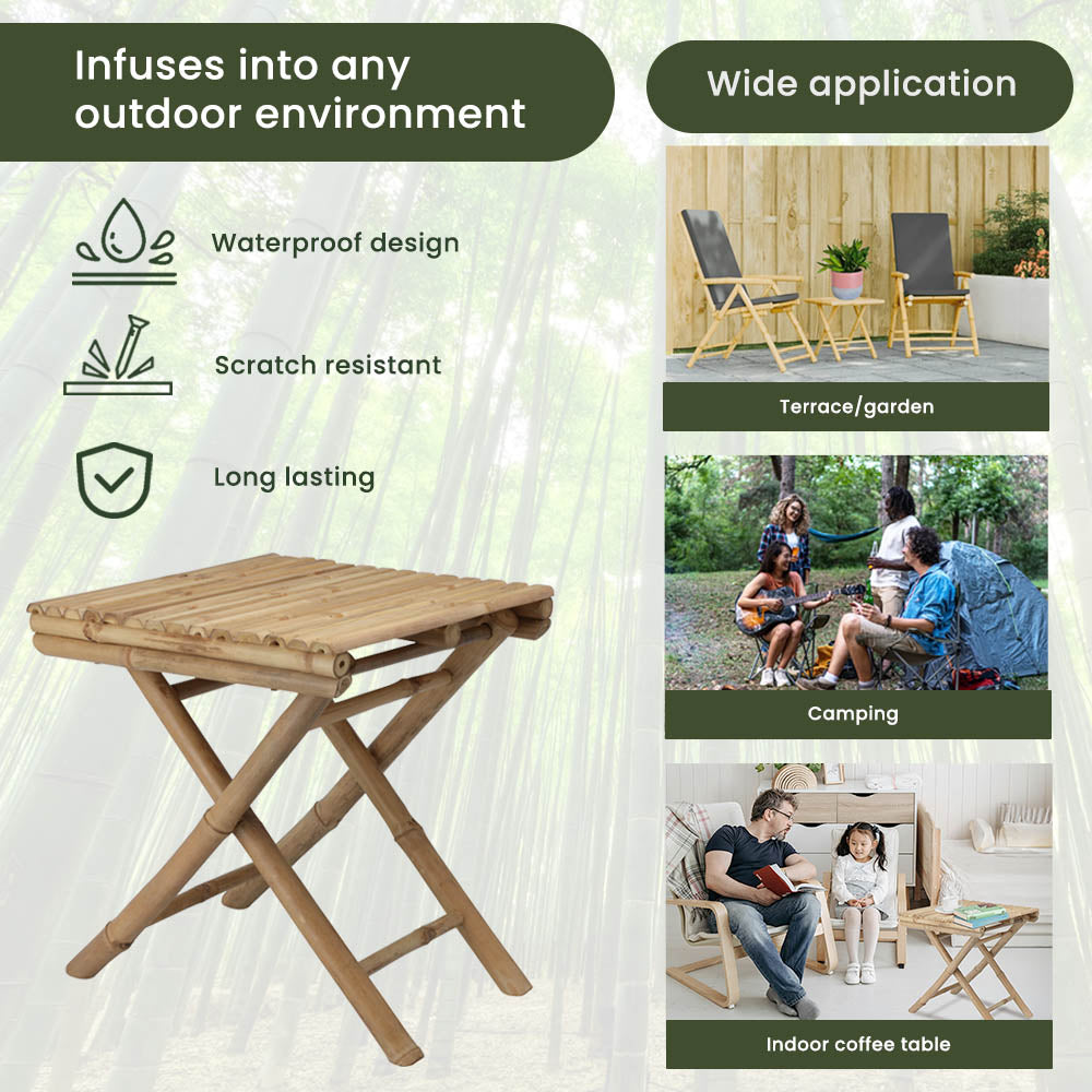 Foldable Bamboo Outdoor Table, 40x40x45cm, Natural Color - 3-Piece