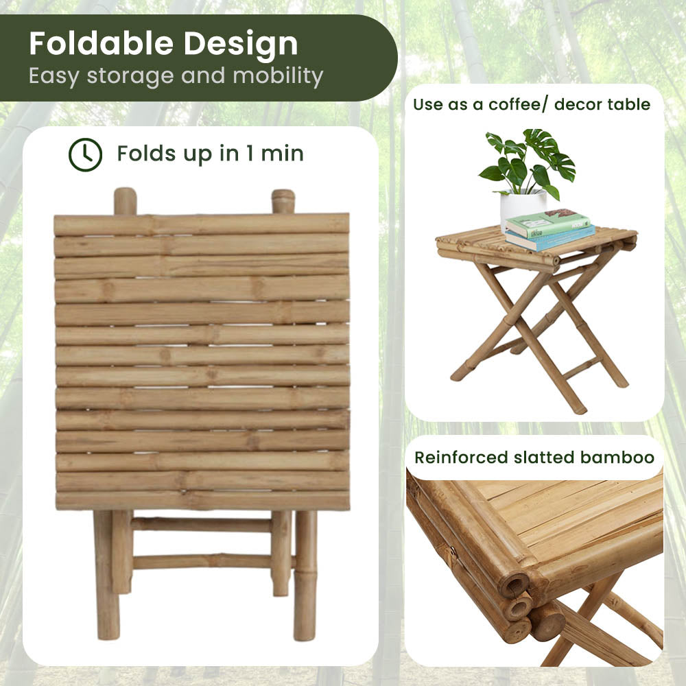 Foldable Bamboo Outdoor Table, 40x40x45cm, Natural Color - 3-Piece