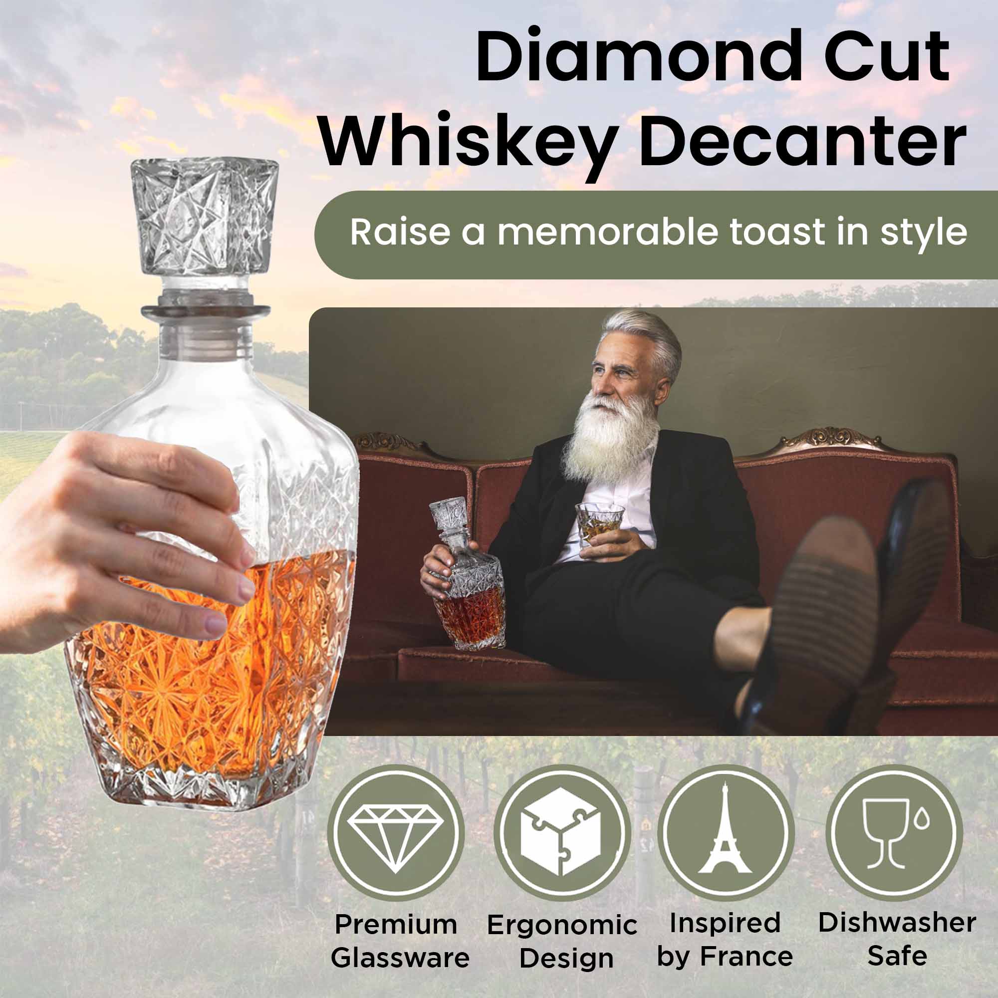 Decantador de whisky con tapa hermética - 900 ml - Corte diamante