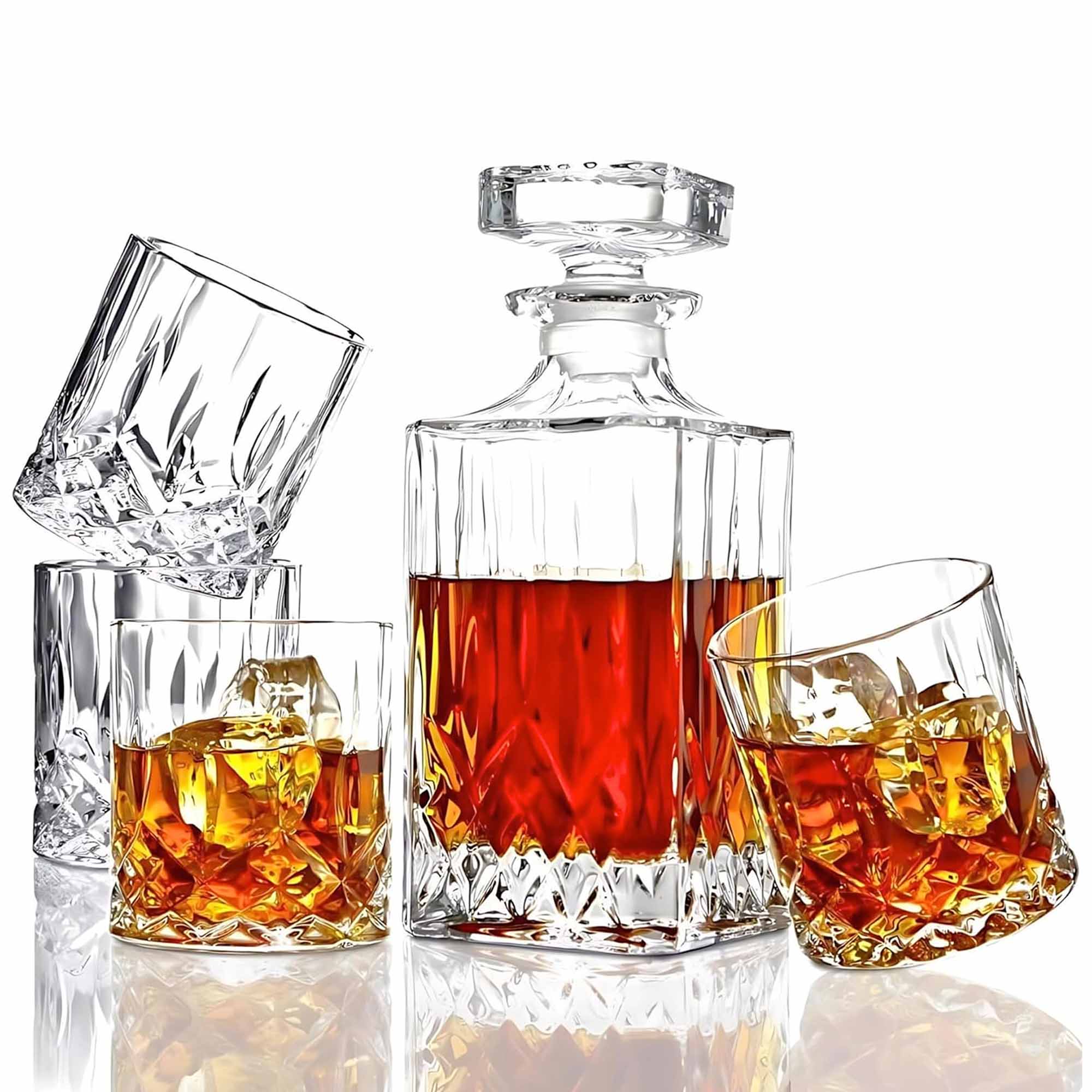 Whiskey Decanter 900ml with 4 Glasses 230ml - Gift Set - Diamond Cut