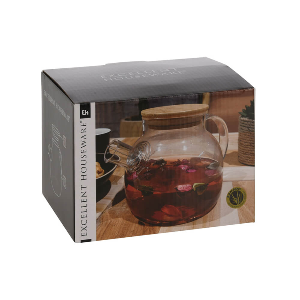 Teekanne mit hitzebeständigem Borosilikatglas und natürlichem Bambusdeckel – 1 Liter