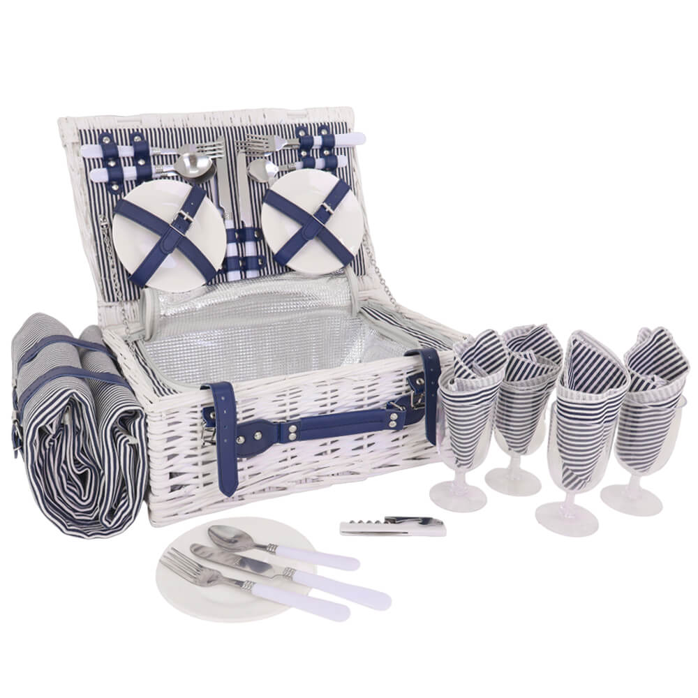 Weiden-Picknickkorb mit faltbarer Picknickdecke für 4 Personen – Marineblaues Linien-Design