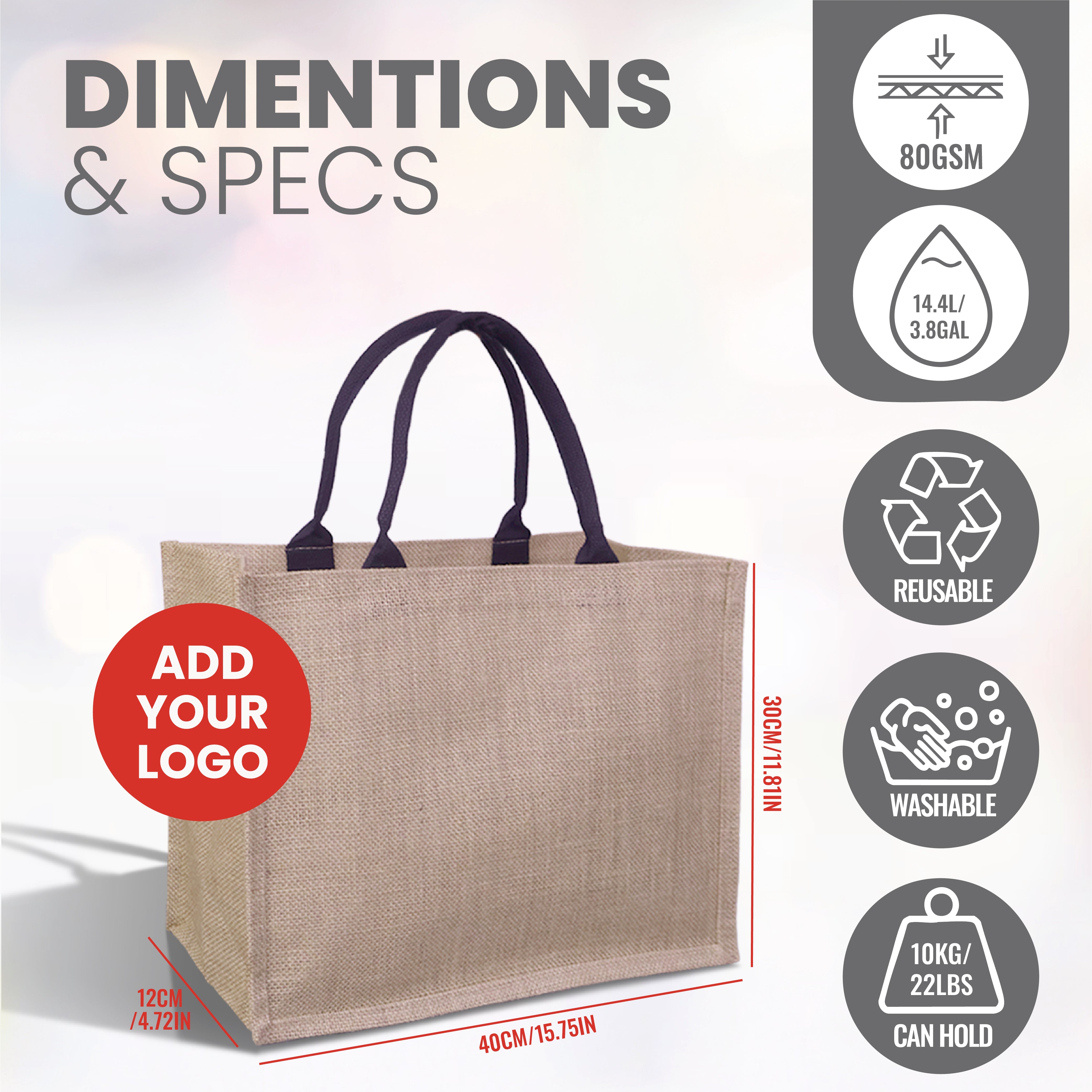 Plain Reusable Jute Tote Bag | 300GSM, 18L