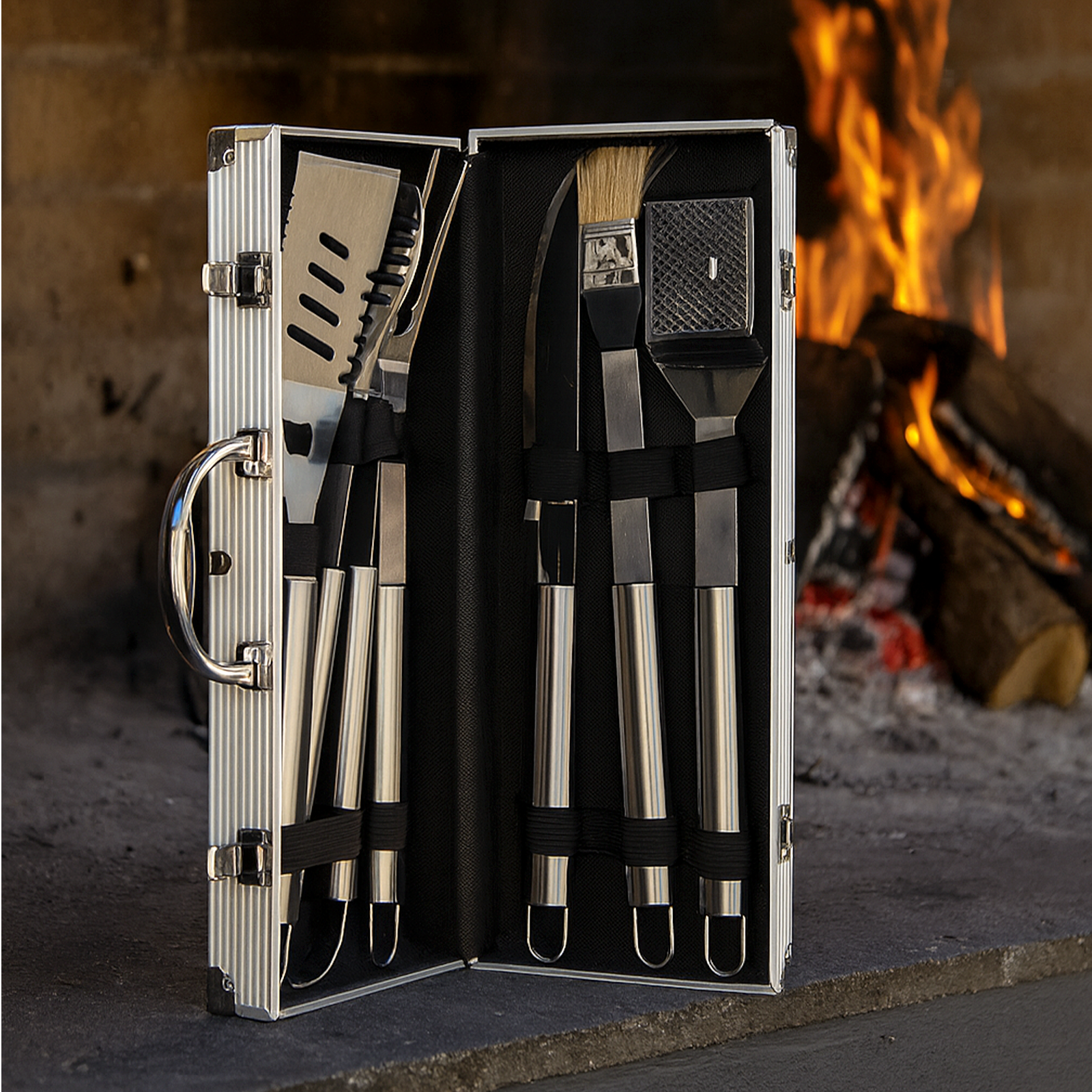 Juego de herramientas Braai en estuche de transporte - 5 piezas - Acero inoxidable