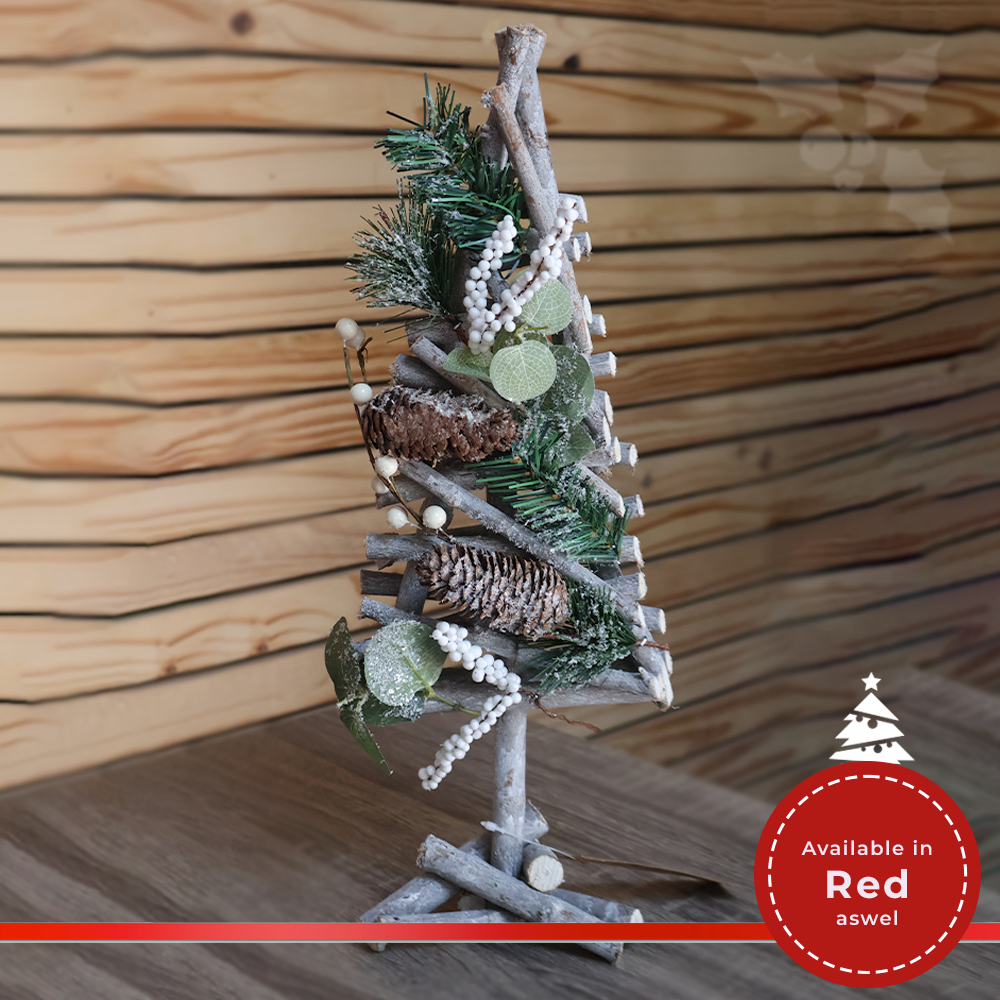 Xmas Tree with White Colour Berries, Wood, and Pine Cones