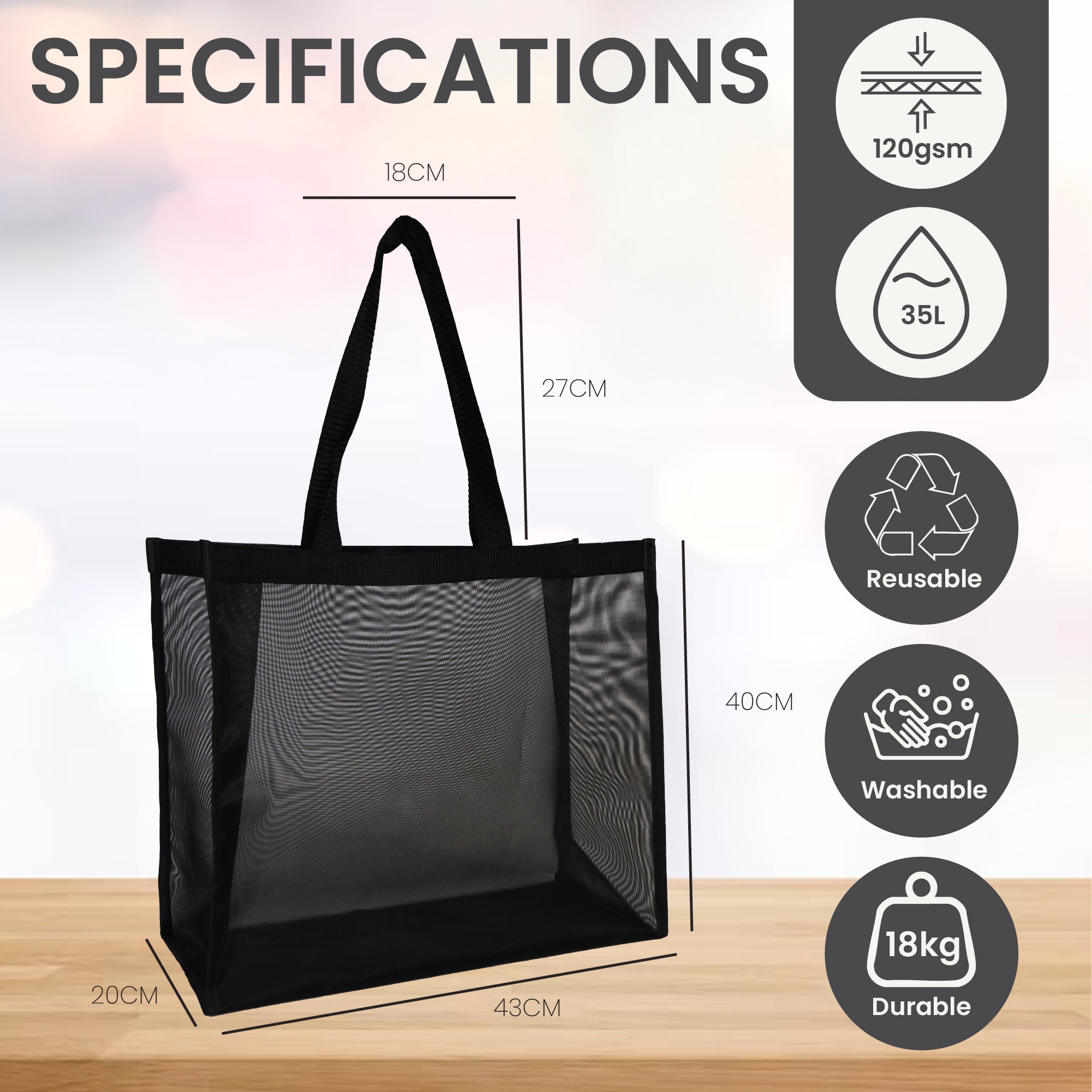 Black Mesh Reusable Shopping Bag | 120GSM, 35L