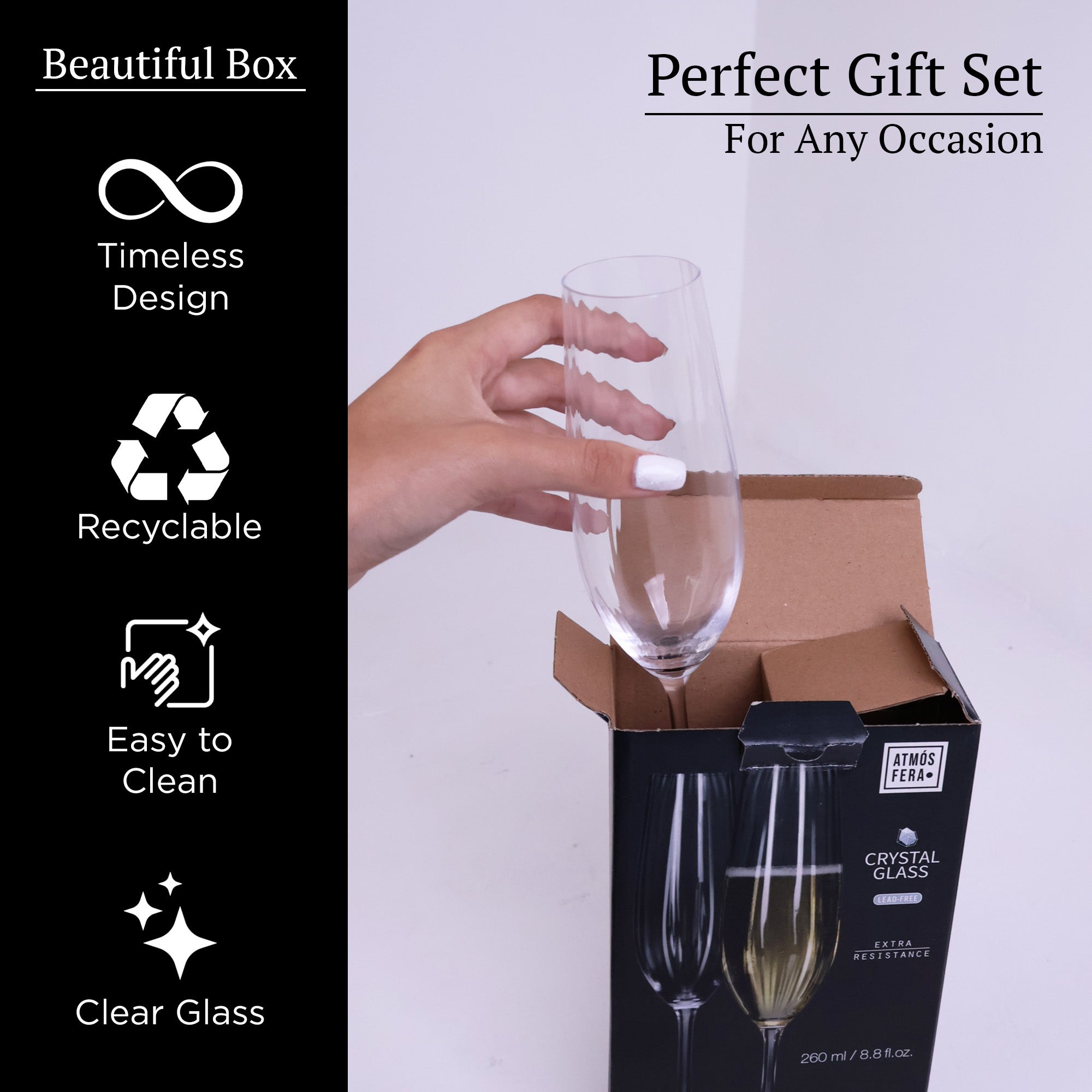 Crystal Champagne Drinking Glasses - 260ml - 2 Pieces - Lead Free