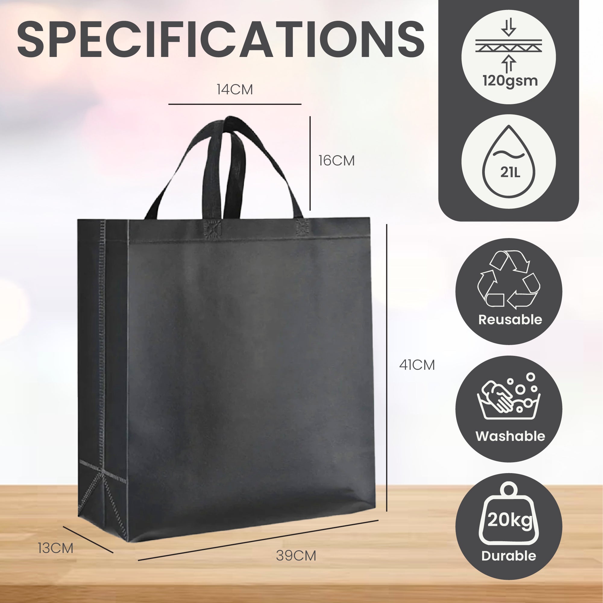 Black Reusable Non-Woven Shopping Bag | 70GSM, 19L