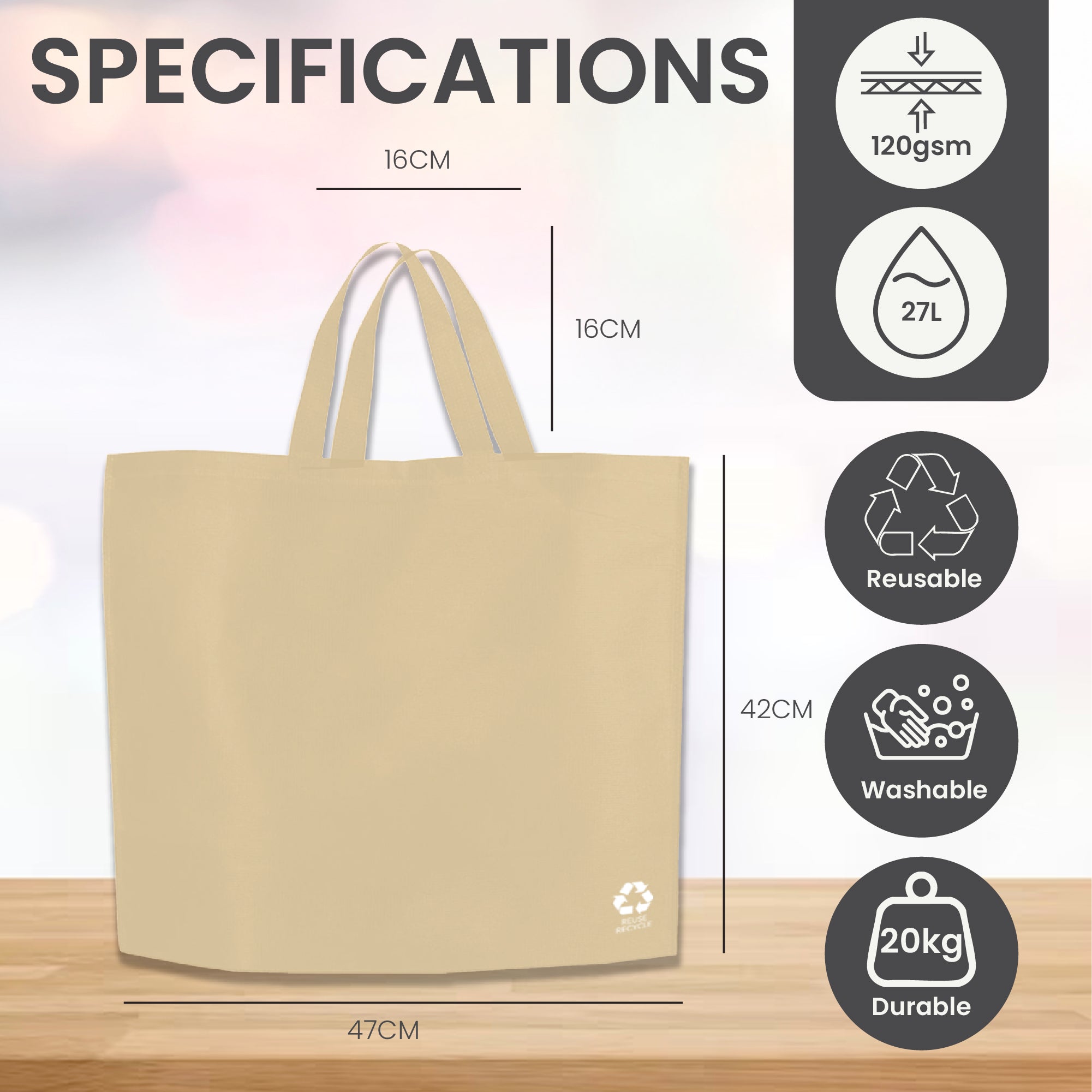 Bolsa de compras reutilizable de tejido no tejido beige | 70GSM, 27L