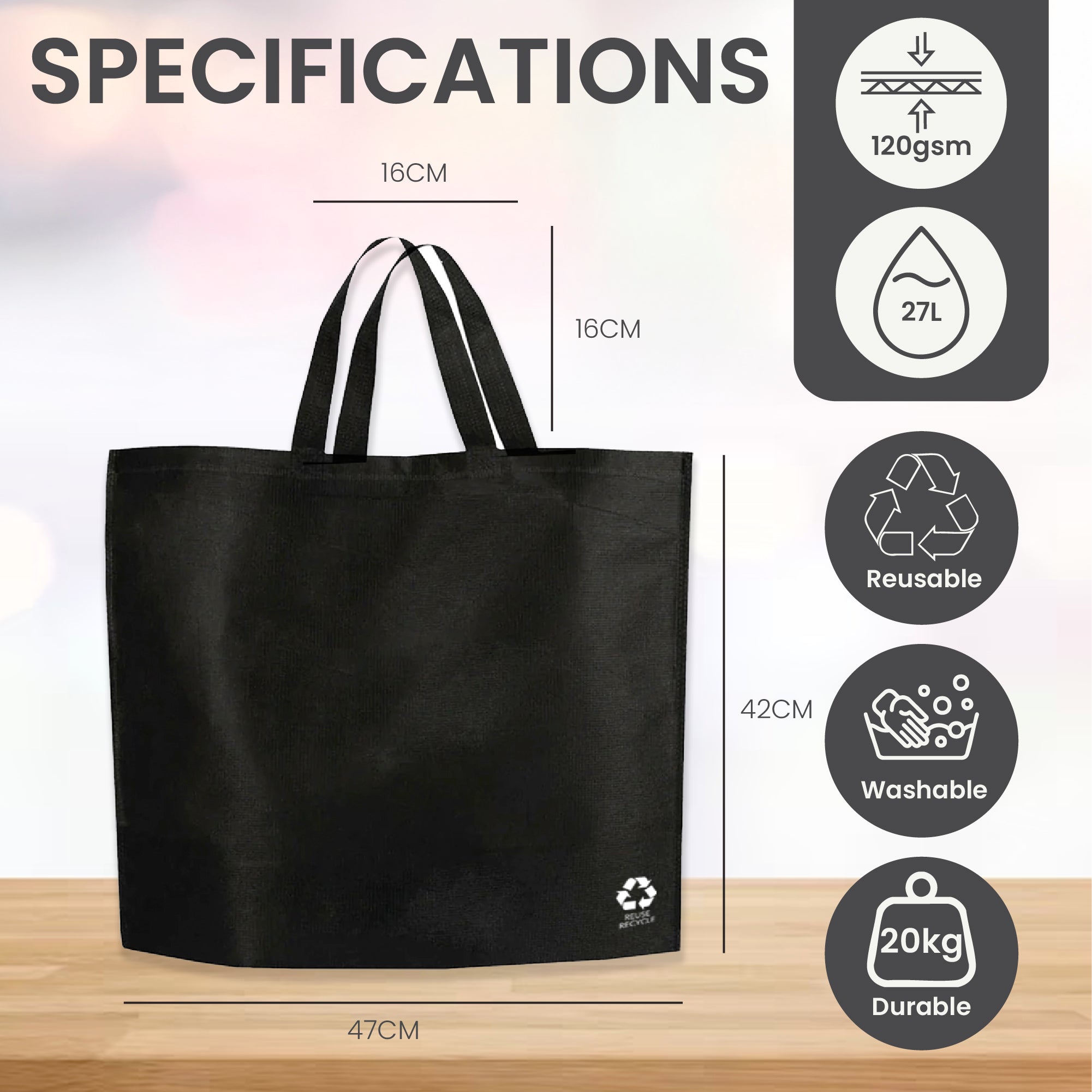 Black Reusable Non-Woven Shopping Bag | 70GSM, 27L