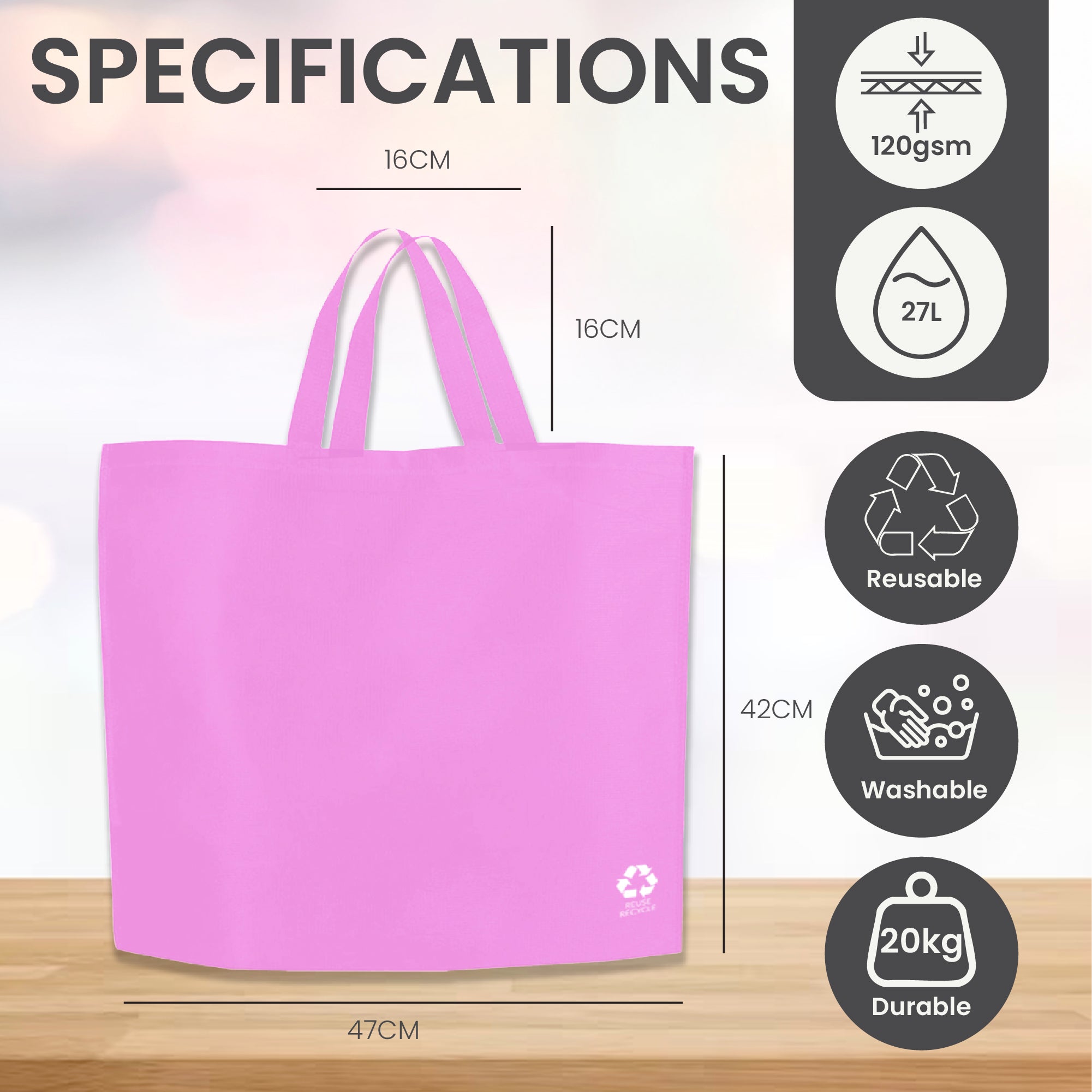 Bolsa de compras reutilizable no tejida rosa | 70GSM, 27L