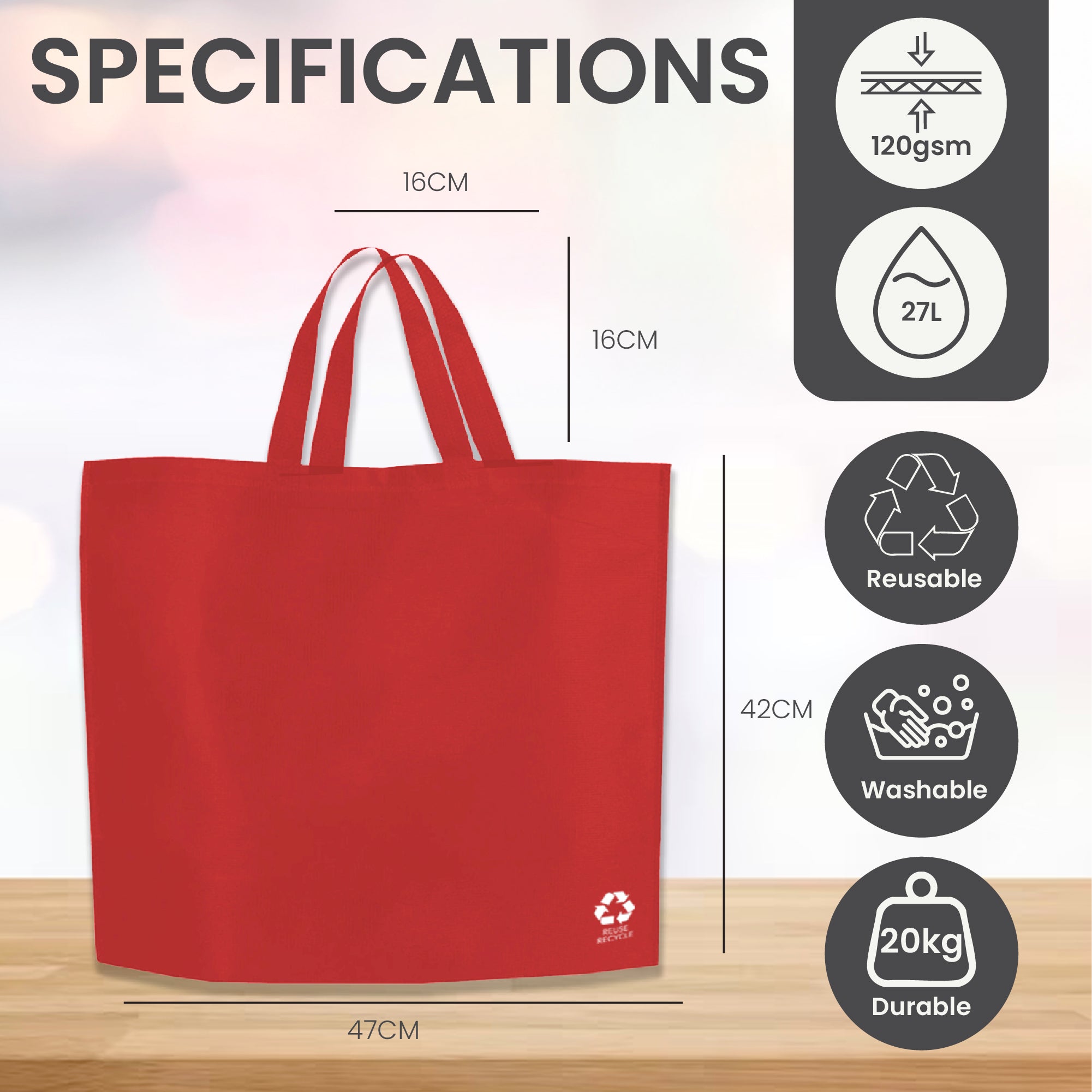 Bolsa de compras no tejida reutilizable roja | 70GSM, 27L