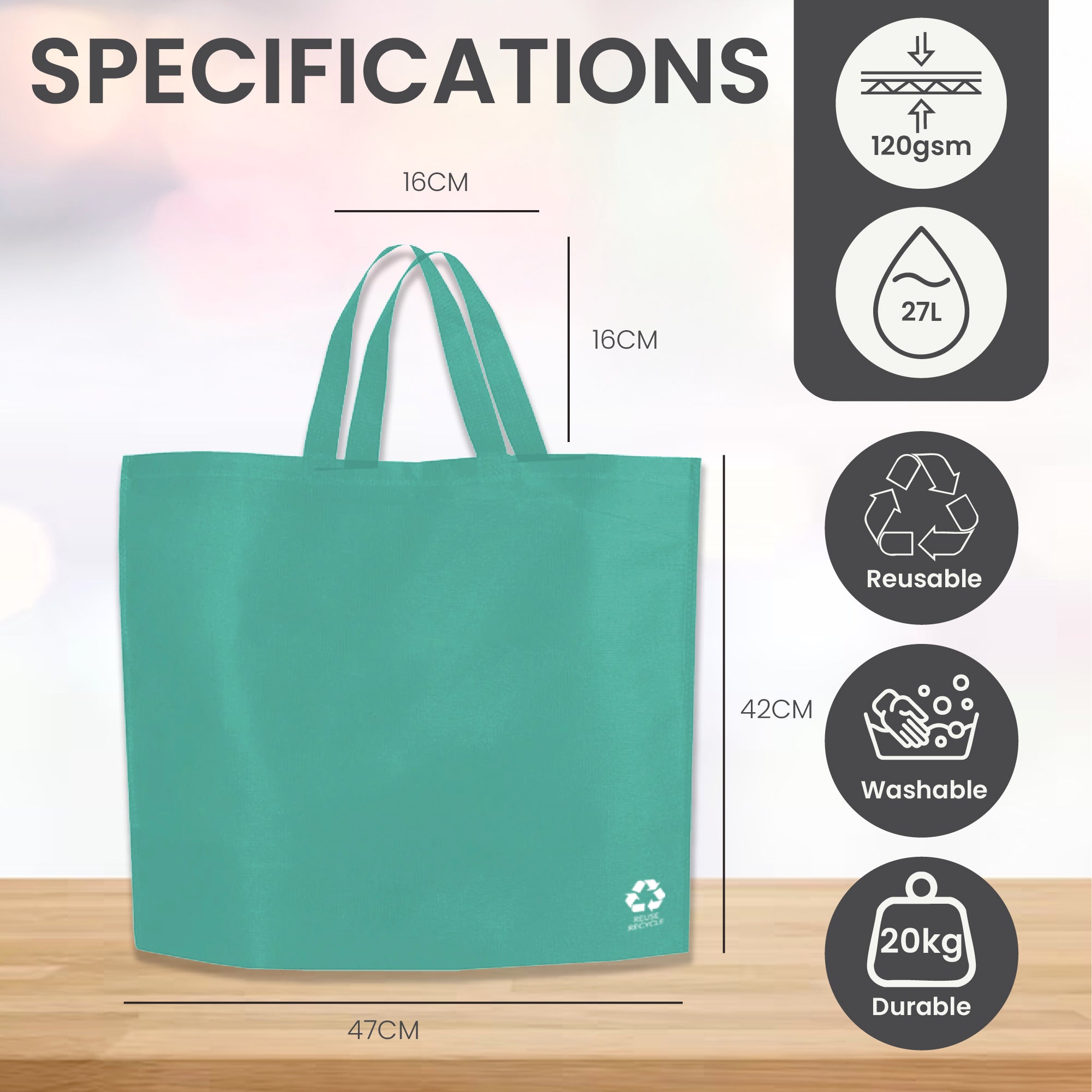 Bolsa de compras reutilizable de tejido no tejido turquesa | 70G/M2, 28L