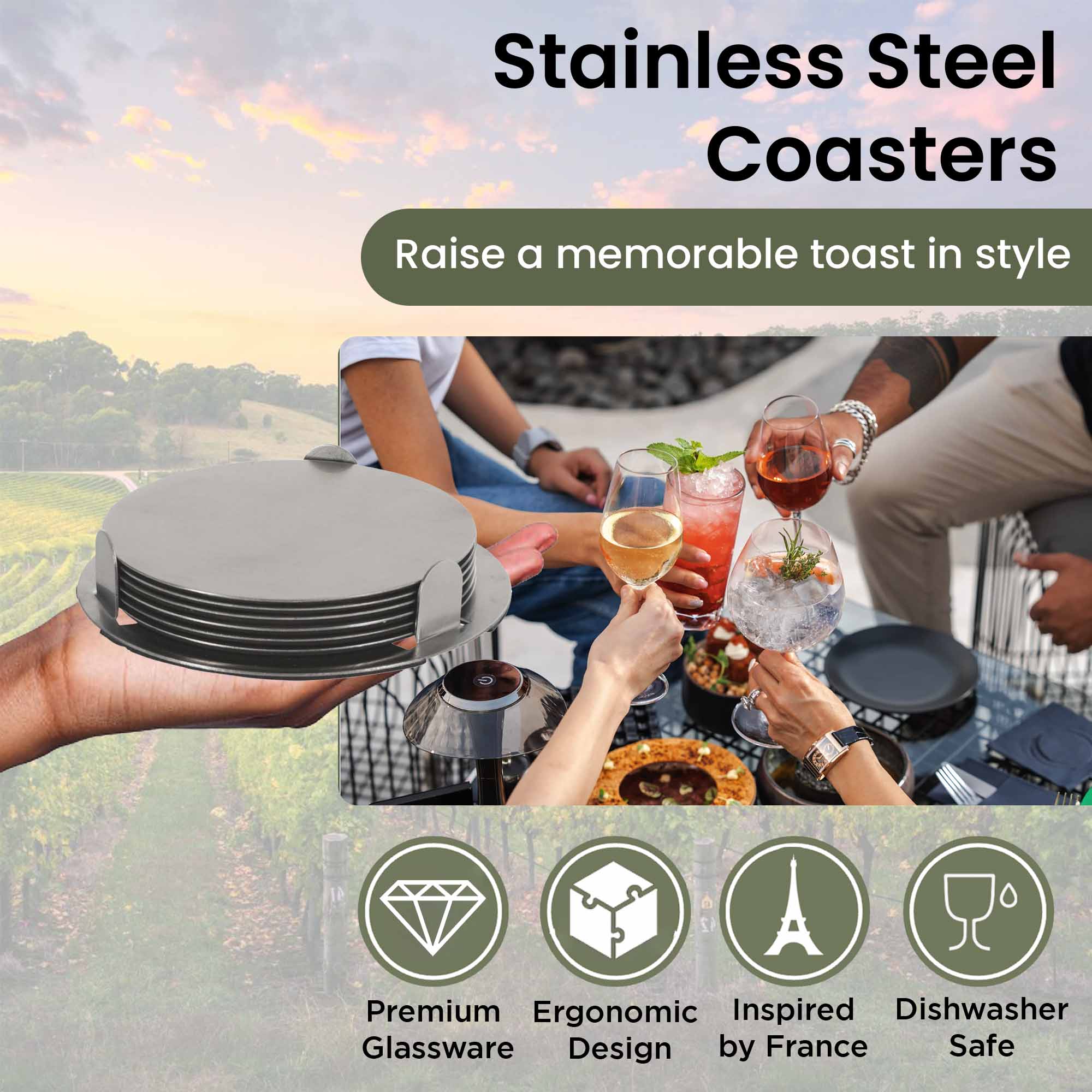 Elegant Durable Stainless Steel Coaster Set - 6 Pieces with Holder