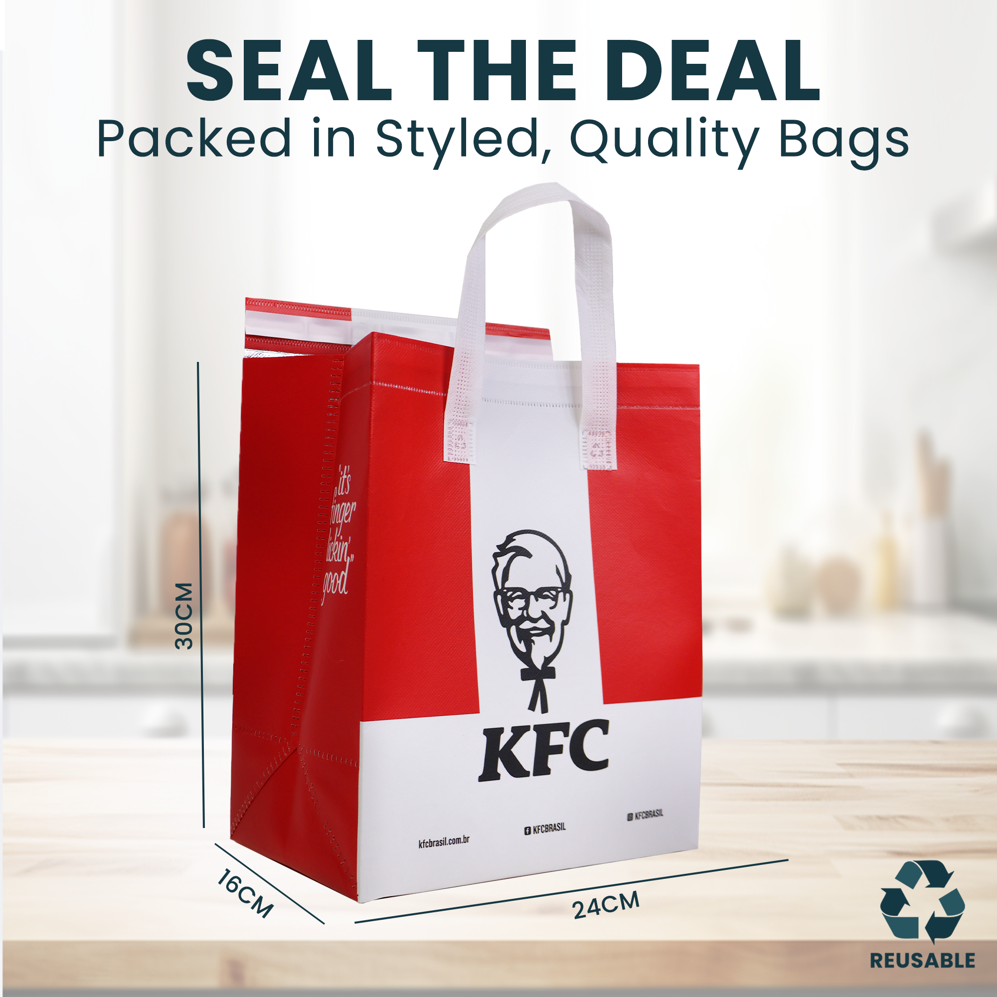 Reusable Laminated Take Away Bag with Adhesive Seal | 70GSM, 12L