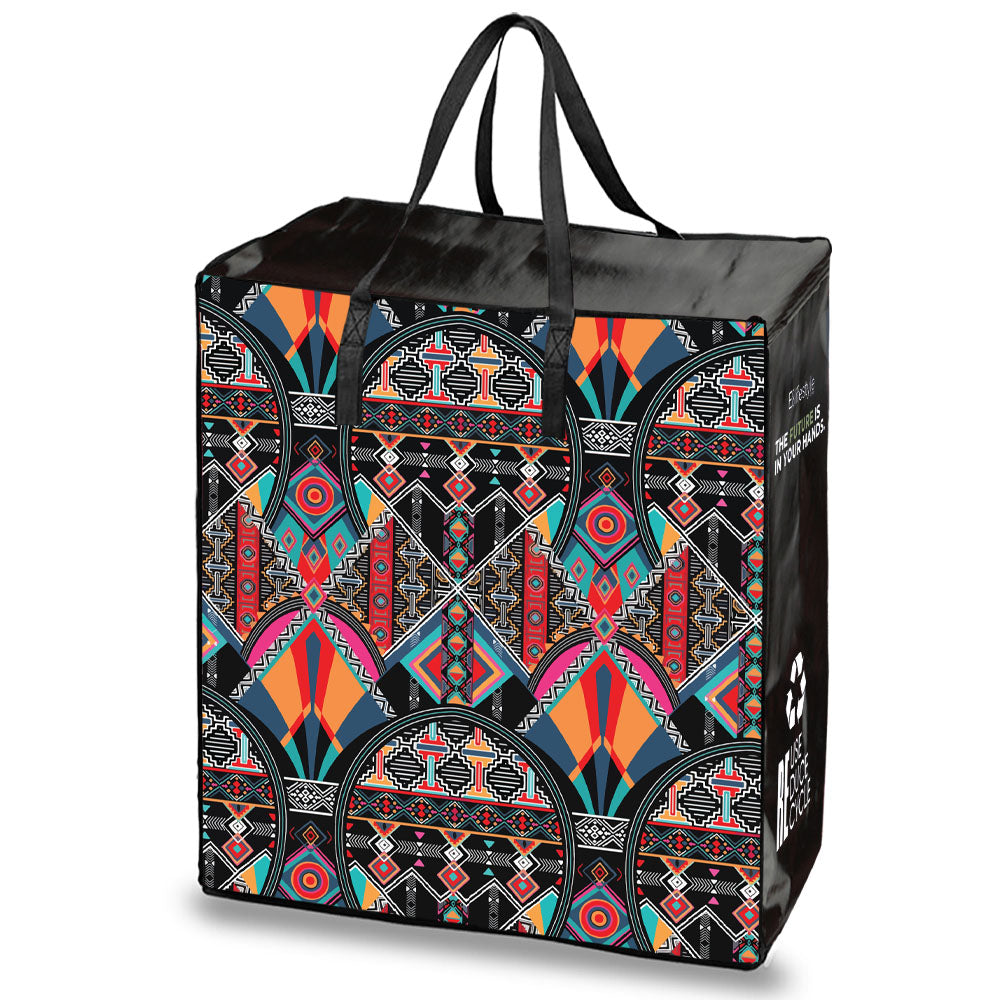 Reusable Laminated Taxi Bag Shopper Bag with Zipper - Geometry Ethnic Design
