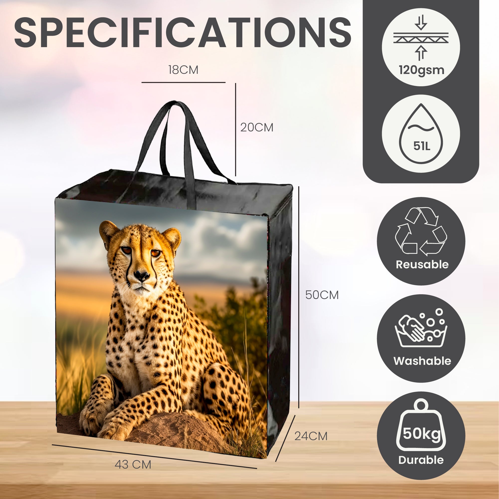 Cheetah Reusable Laminated Taxi Shopping Bag with Zipper | 120GSM, 51L