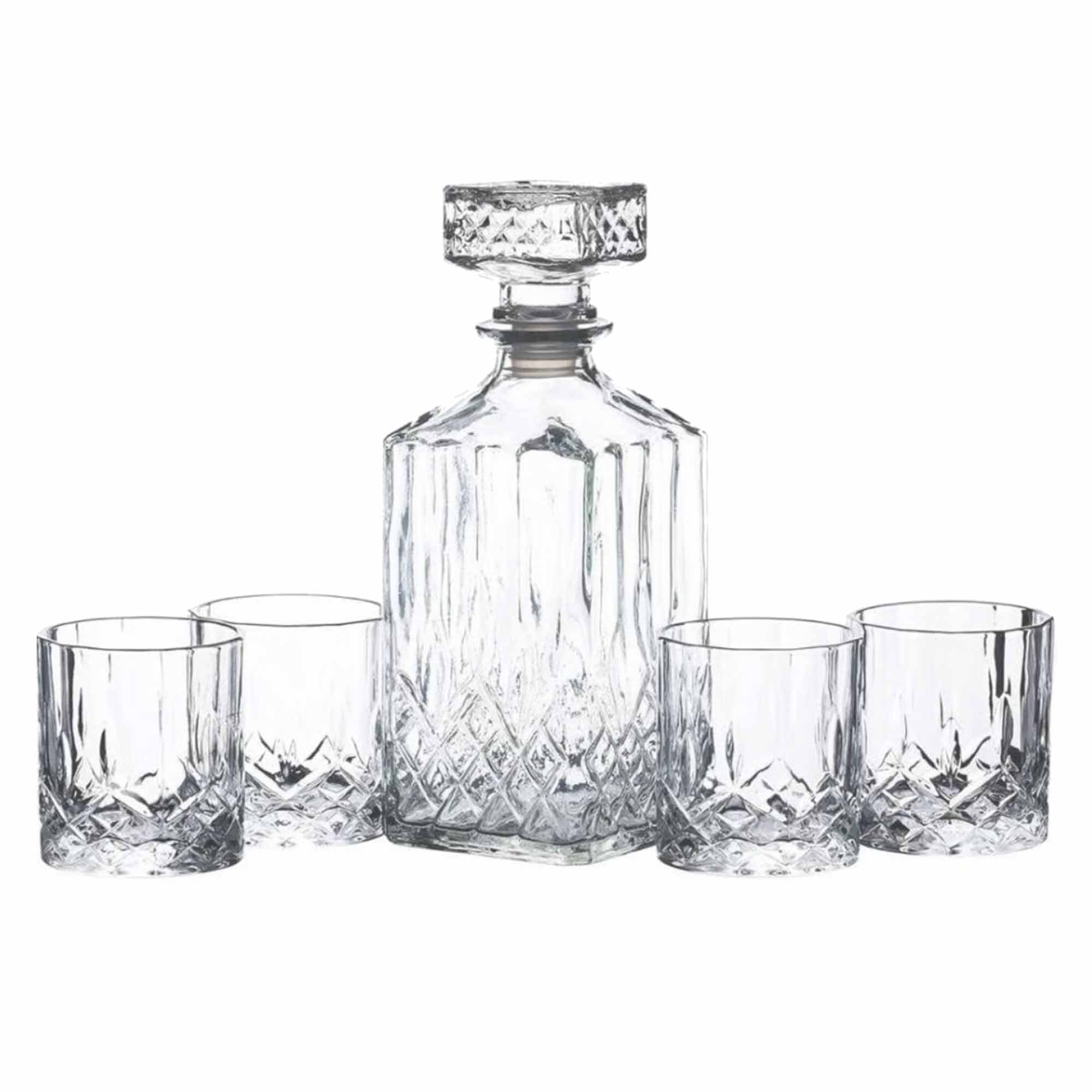 Whiskey Decanter 900ml with 4 Glasses 230ml - Gift Set - Diamond Cut