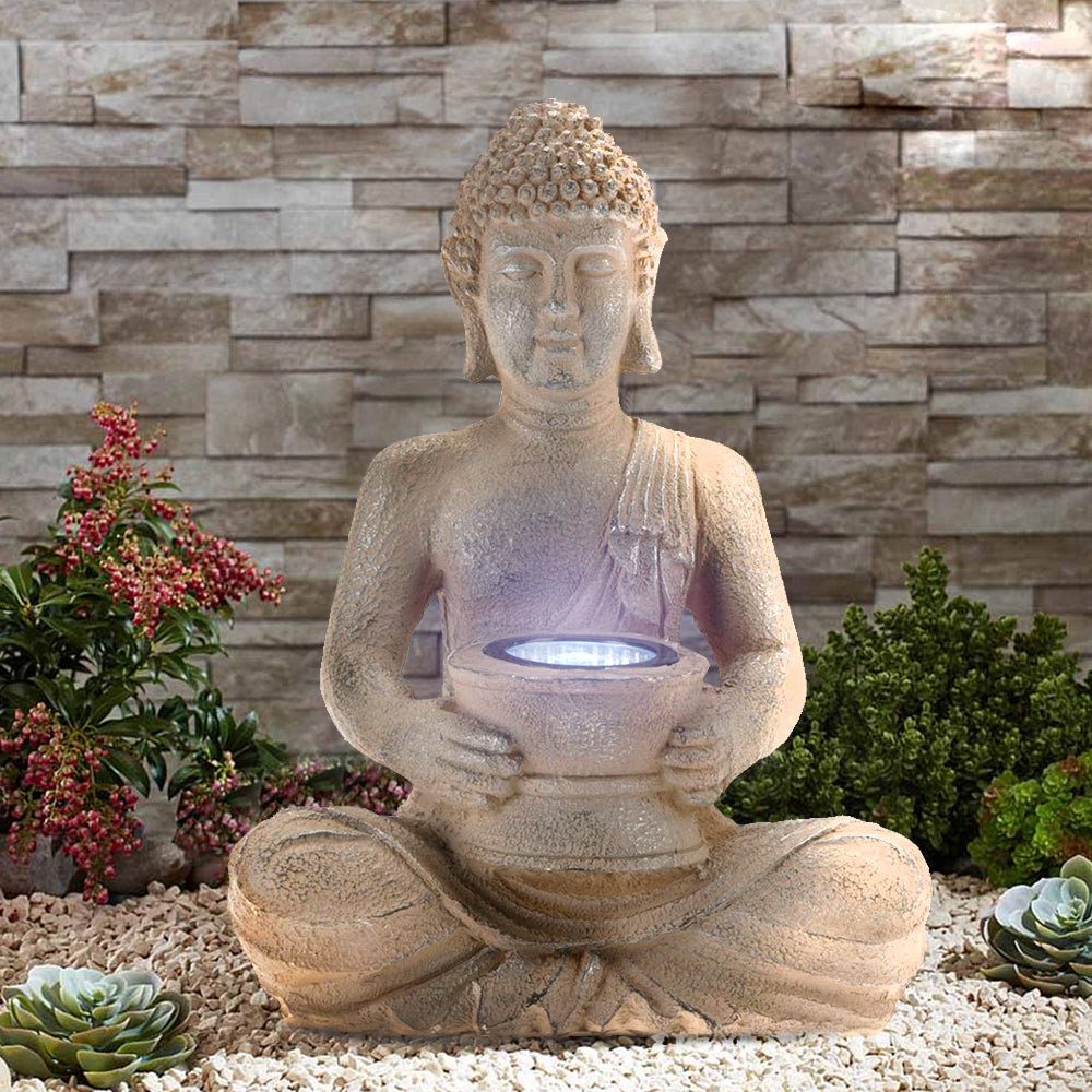 Eco-friendly modern solar powered buddha statue from Netherlands is powered by a solar panel on the back, the solar-powered LED garden light absorbs energy directly from sunlight. Decor for outdoor patio, garden, living room. The solar-powered light will shine for 6 hours when fully charged. Size 21cm x 14cm x 28cm. Bags Direct wholesale online shop 095500290