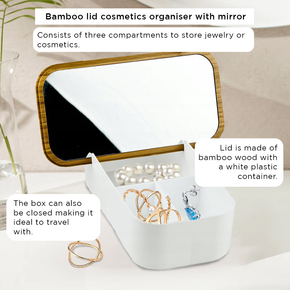 Organisateur de maquillage écologique avec couvercle et miroir en bambou