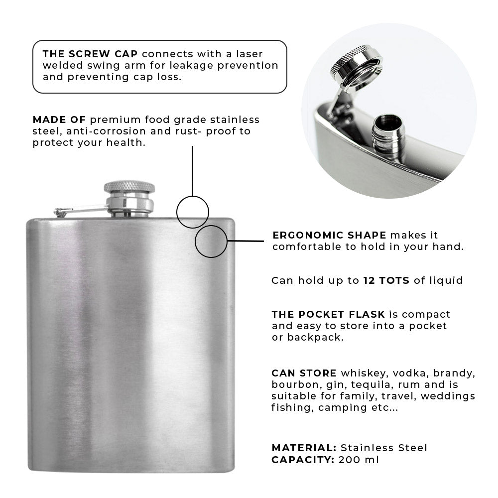 Hip Flask with Attached Screw Lid - 200ml - Stainless Steel