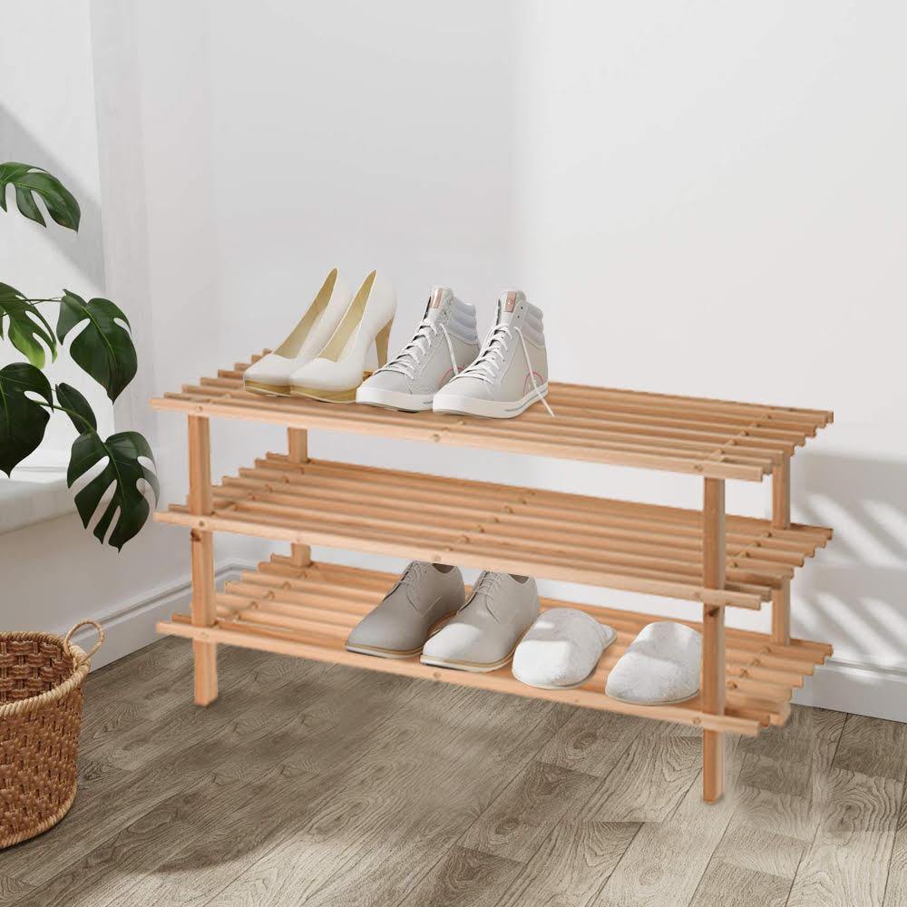 Eco-friendly firwood shoe rack 3 Shelves from Netherlands can be used as a combination of shoe shelves and storage for apparel or other accessories. Organize in your hallway, living room and bedroom. Each storage shelf holds up to 3-4 pairs of shoes as designed to be space-saving. Size Assembled: 77 x 26 x 40cm - bags direct wholesale online shop