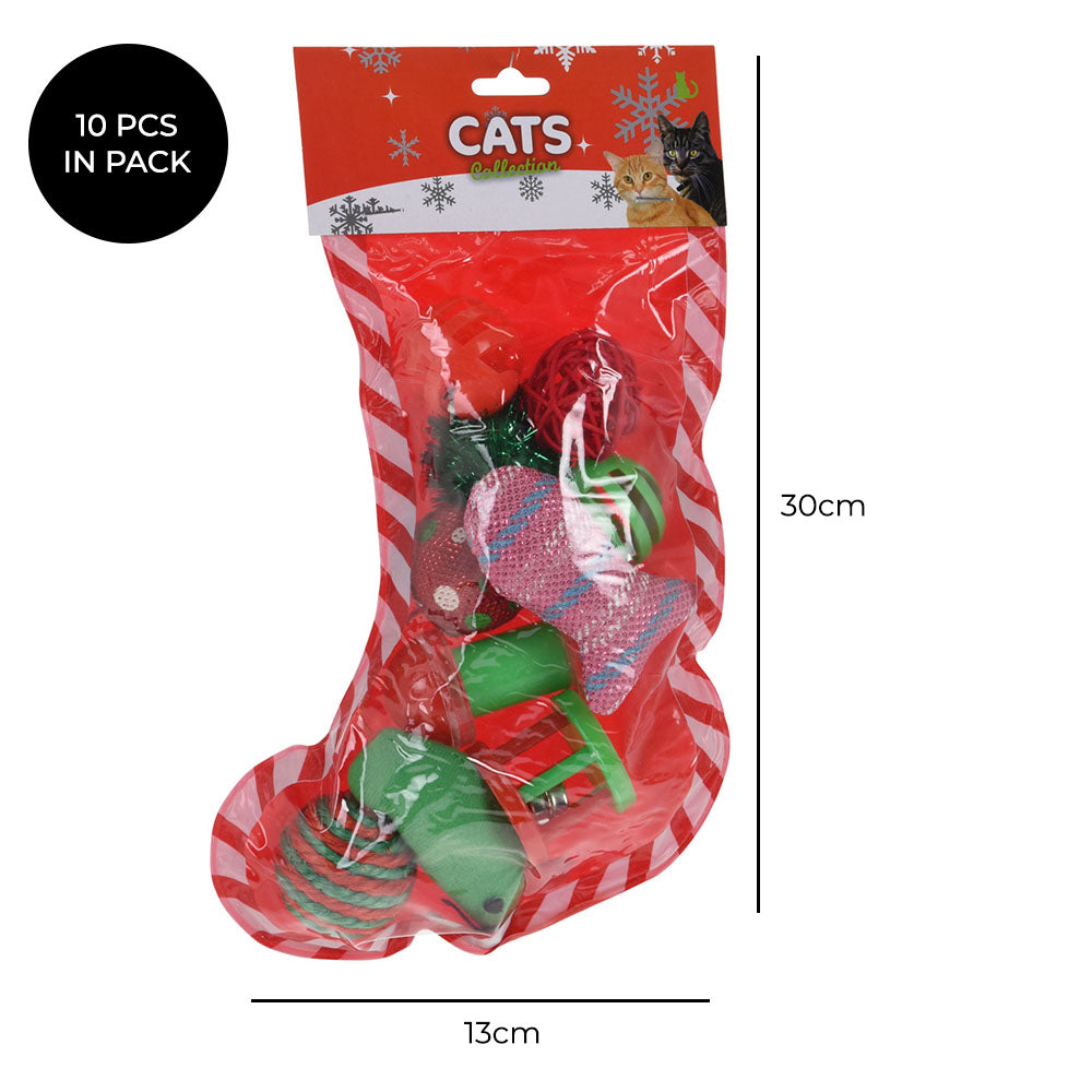 Cat Toys in Christmas Stocking - Set of 10