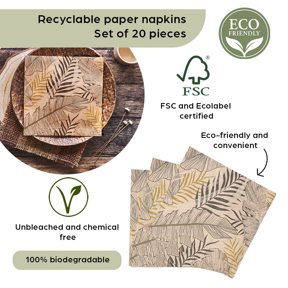 Serviettes en papier 3 épaisseurs recyclées - 20 pièces - Écologiques