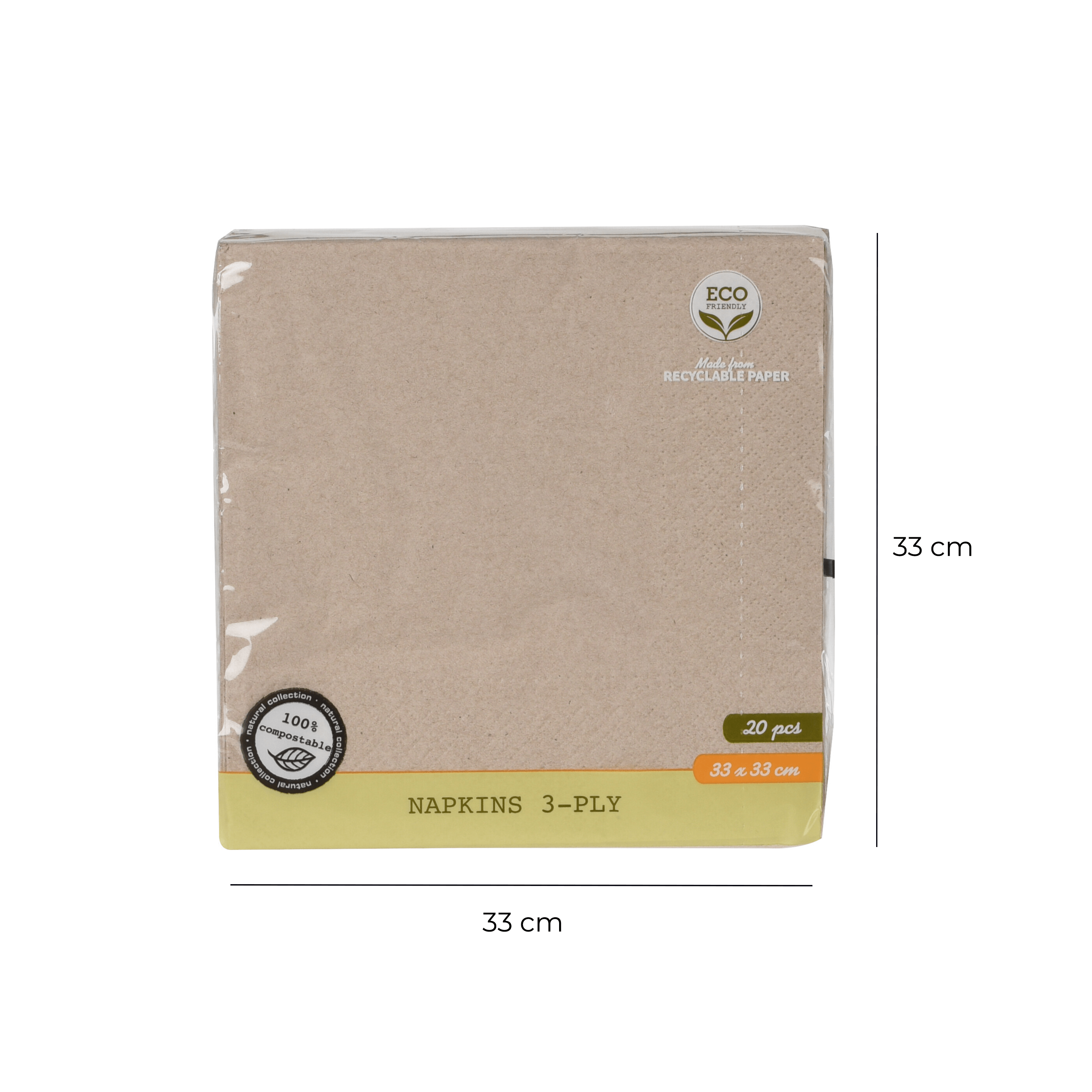 Eco-Friendly 3-Ply Recycled Paper Serviettes - Set of 20. Soft and useful sustainable serviettes disposable thick tan eco-friendly serviettes are made from recycled paper. It is 100% compostable within 45 days and it comes in a set of 20, which is ideal for dinner parties, picnic and camping trips. Size: 33 x 33cm. Bags Direct wholesale online shop 602500150