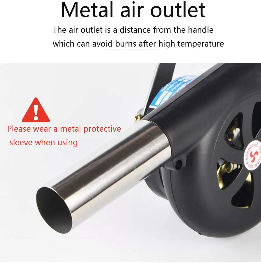 Portable metal air blower fan with handle speed control quickly heats barbecue fires, briquettes, coals, and wood. This braai fan will improve the time you spend cooking on the barbecue grill. Has a metal-air outlet that can avoid burns after high temperatures. A manual operation design, no battery or fuel required. Bags Direct wholesale online shop YL7119010