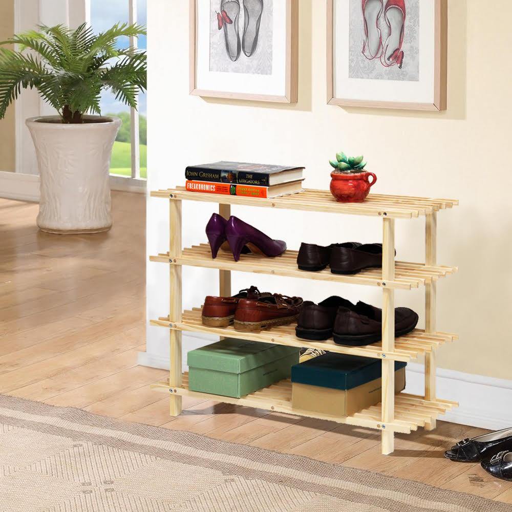 Eco-friendly firwood shoe rack 4 Shelves from Netherlands can be used as a combination of shoe shelves and storage for apparel or other accessories. Organize in your hallway, living room and bedroom. Each storage shelf holds up to 3-4 pairs of shoes as designed to be space-saving. Size Assembled: 77 x 26 x 65cm - Bags Direct wholesale online shop