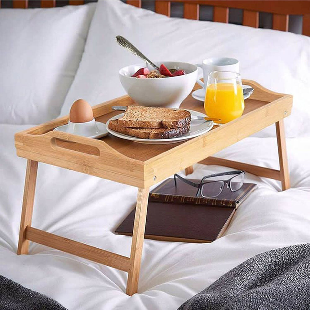 Bags Direct Eco-Friendly Bamboo Bed Serving Tray with Stand - 784200240 - showcasing its use by showing you what you can serve to your loved ones