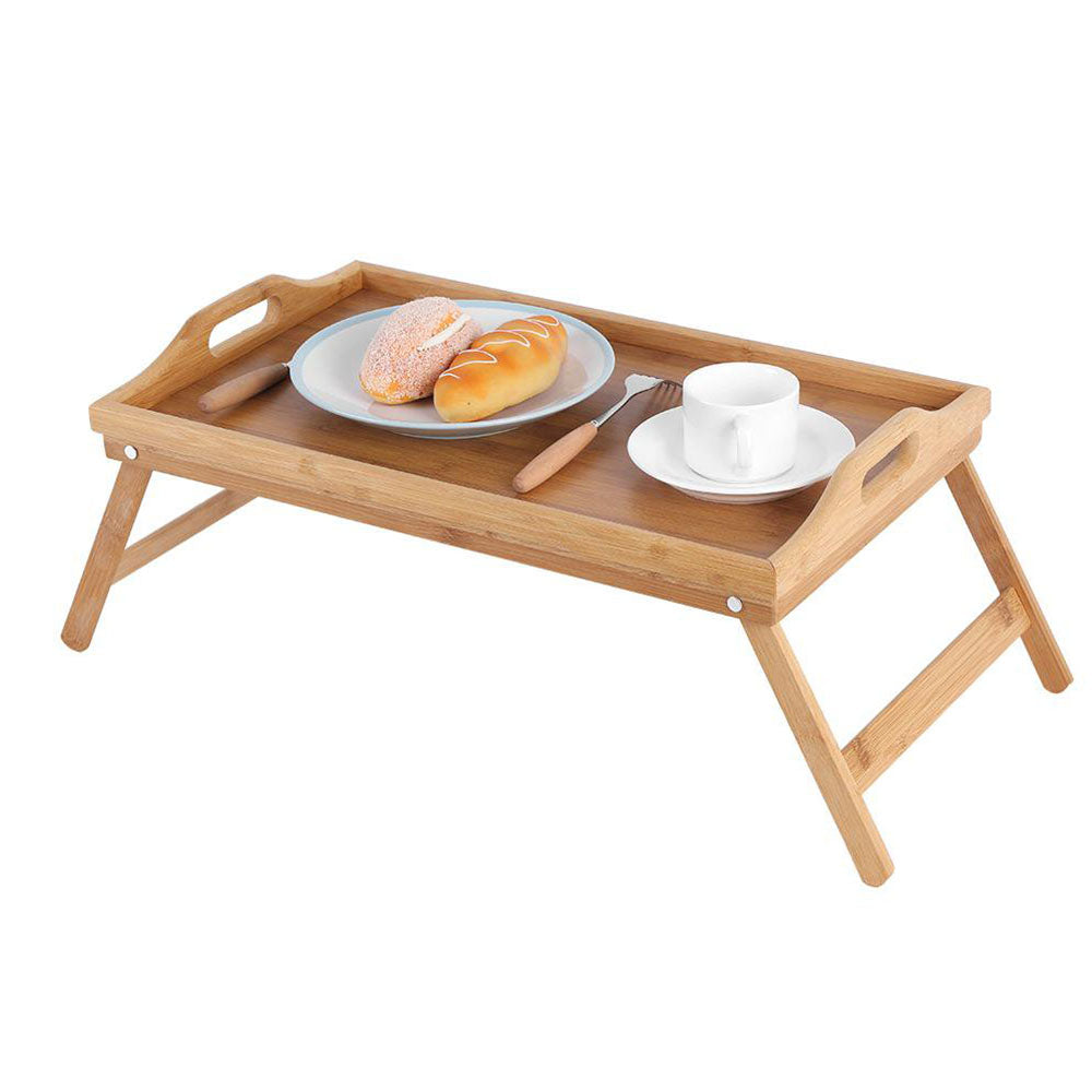 Bags Direct Eco-Friendly Bamboo Bed Serving Tray with Stand - 784200240 - serving tray showcasing it's purpose with cutlery and food on it.