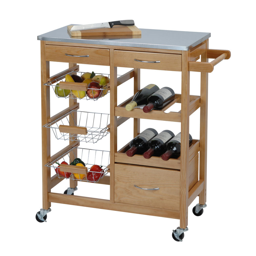 DIY eco-friendly pinewood kitchen trolley with stainless steel countertop is convenient storage for food, wine bottles, and kitchen utensils. Wine rack for 6 wines. Countertop with chrome baskets. 1 x handle for pulling. 4 x wheels and 2 stoppers. 2 x drawers. Mother drawer. 3 x basket with chrome finish. Bags Direct wholesale online shop 78440000
